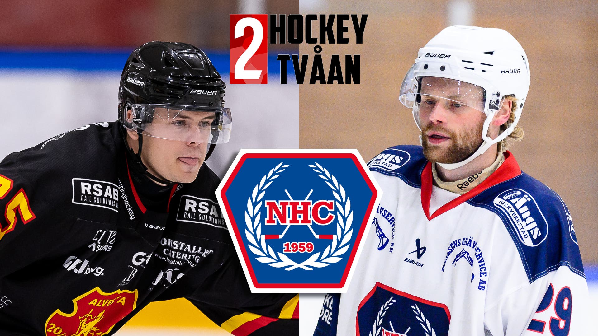 Kollage med två ishockeyspelare i hjälm, en i svart tröja till vänster och en i vit och blå tröja till höger. I mitten syns Nässjö HC:s logotyp, och högst upp loggan för Hockeytvåan.