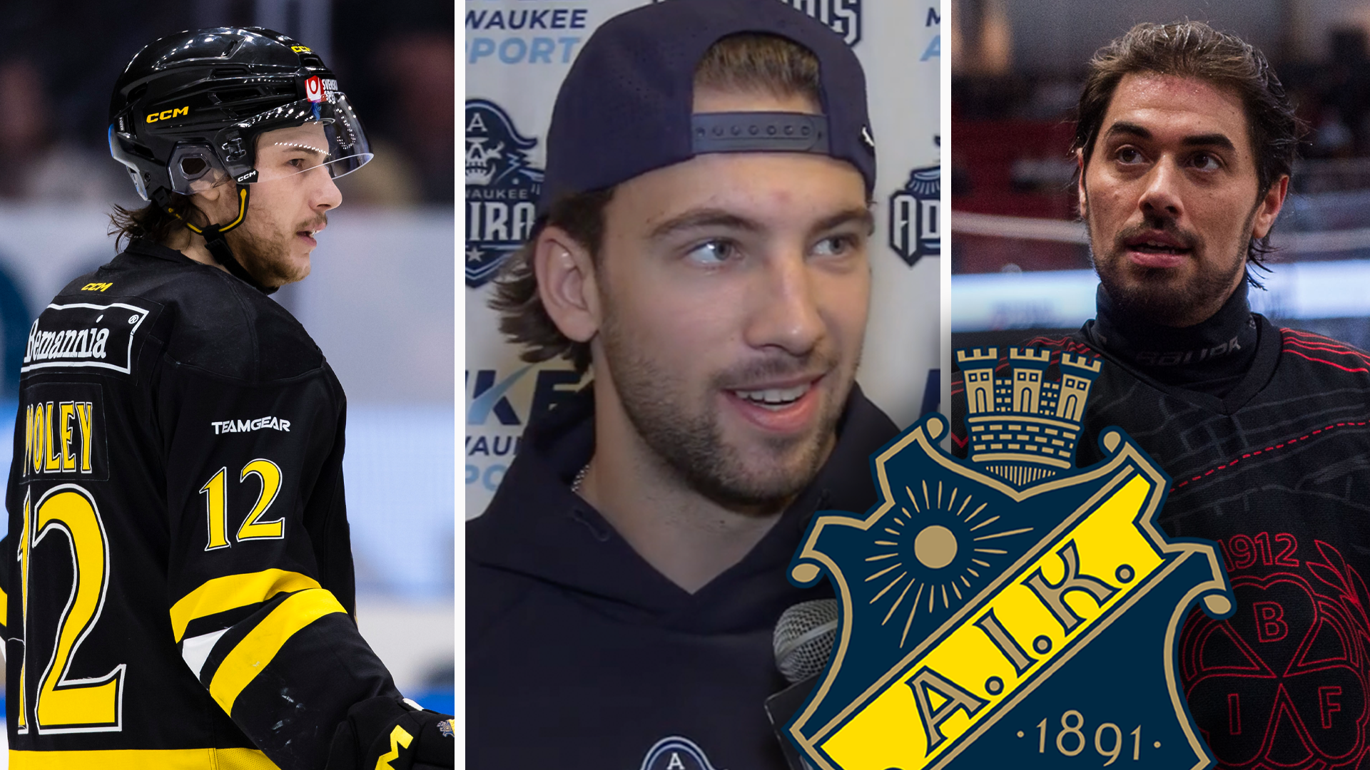 Kollage med tre porträtt av hockeyspelare. Till vänster en spelare i svart och gul ishockeytröja, i mitten en spelare med mössa och till höger en spelare i mörkare tröja.