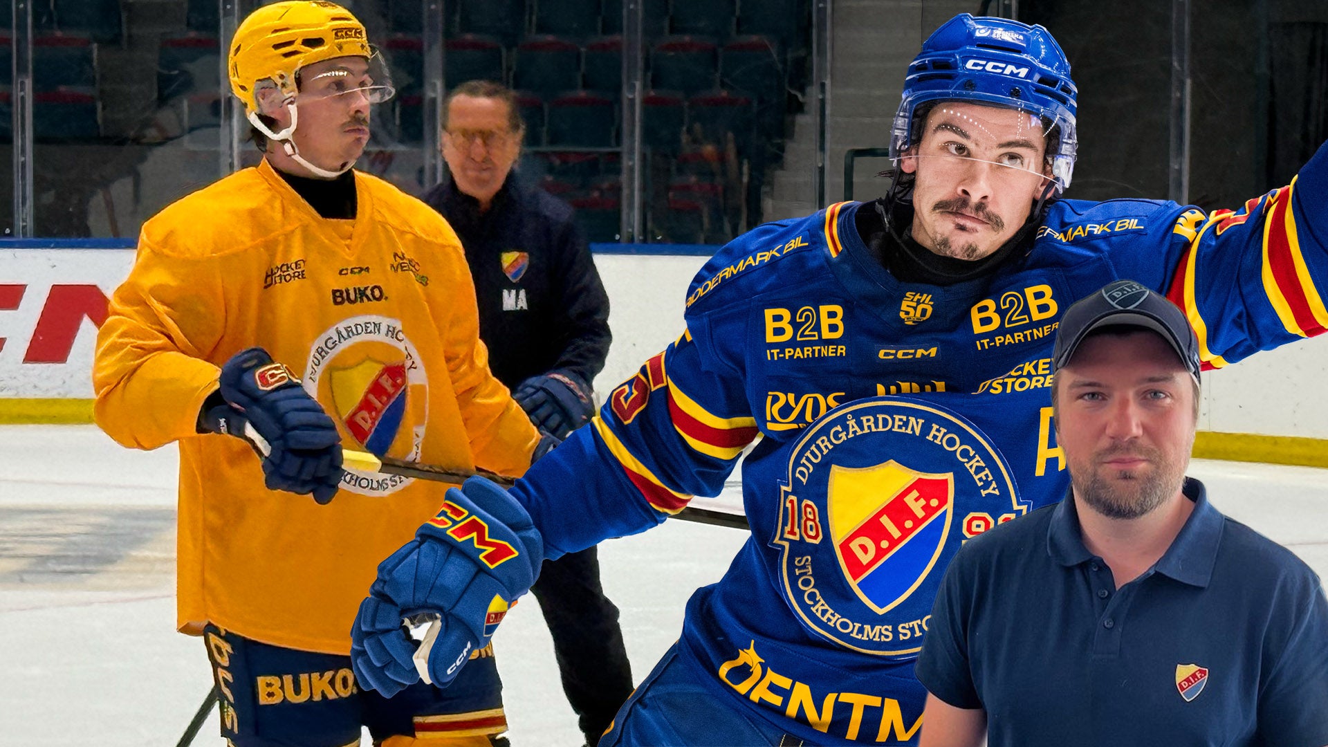 Ishockeyspelare under match. I förgrunden två spelare i blå och gula tröjor med sponsorloggor, samt en man i mörkblå skjorta. I bakgrunden ytterligare spelare och personer vid isbandekanterna.