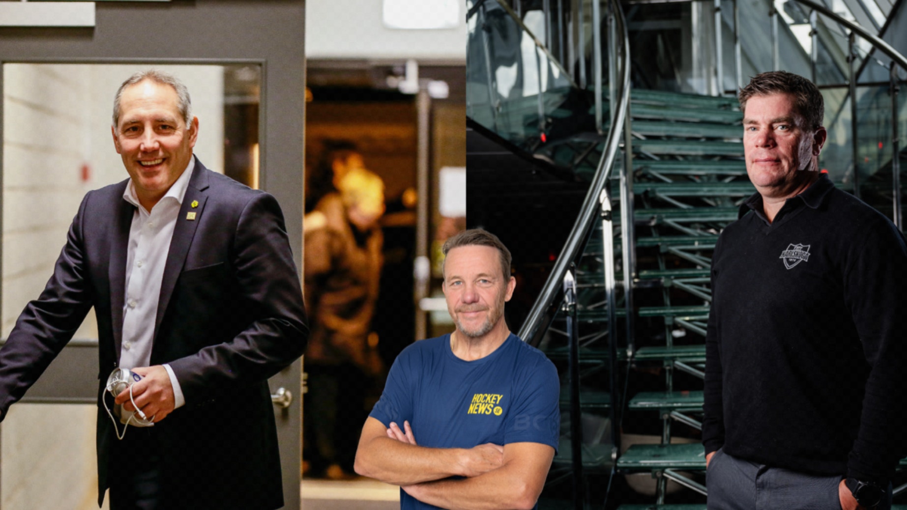 Tre män poserar för porträtt. Till vänster en man i mörkblå kavaj och ljusblå skjorta, i mitten en man i mörkblå t-shirt med gul text, och till höger en man i svart jacka. De befinner sig i olika inomhusmiljöer.
