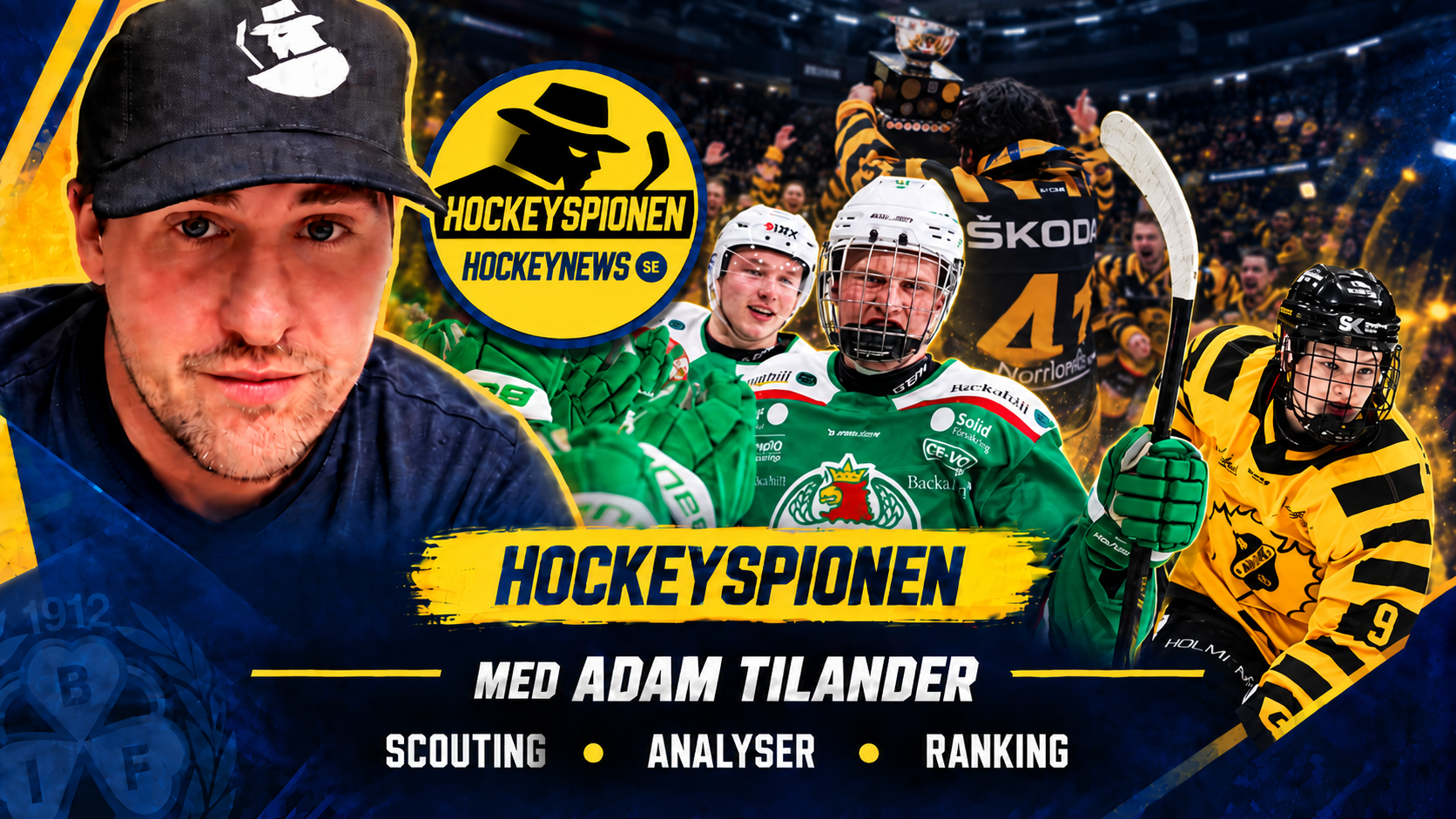 Montage med hockeyspelare i matchtröjor samt en man i keps, med texten "Hockeyspionen med Adam Tilander – Scouting, Analyser, Ranking".