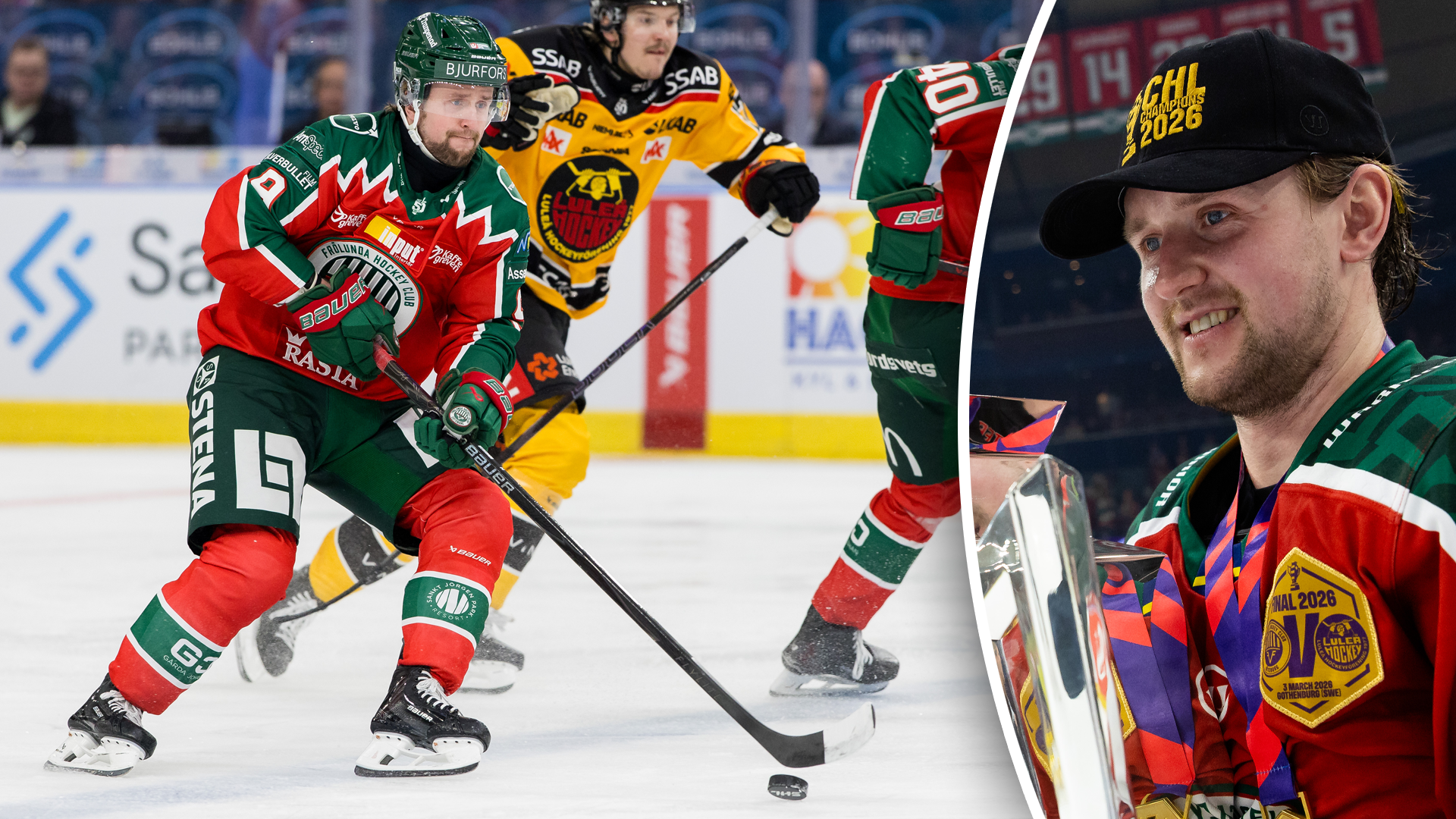 Ishockeymatch med spelare i röd och grön utrustning som spelar på is. Till höger ett porträtt av en leende ishockeyspelare.