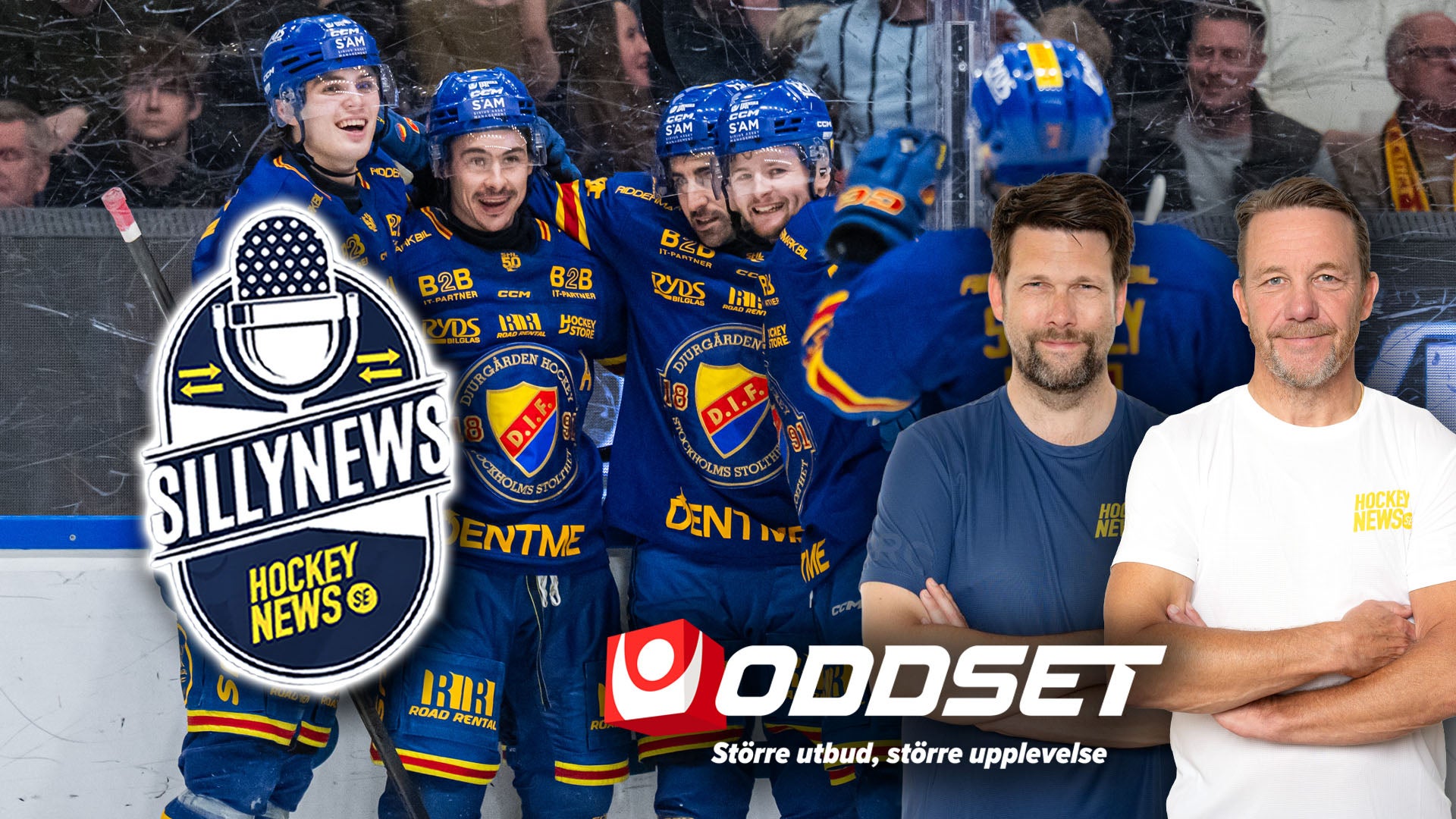 Promobild för Sillynews Hockey News och Oddset. Visar ishockeyspelare i blå och gula trikåer tillsammans med två män i casual kläder. Loggor för Sillynews och Oddset är synliga på bilden.