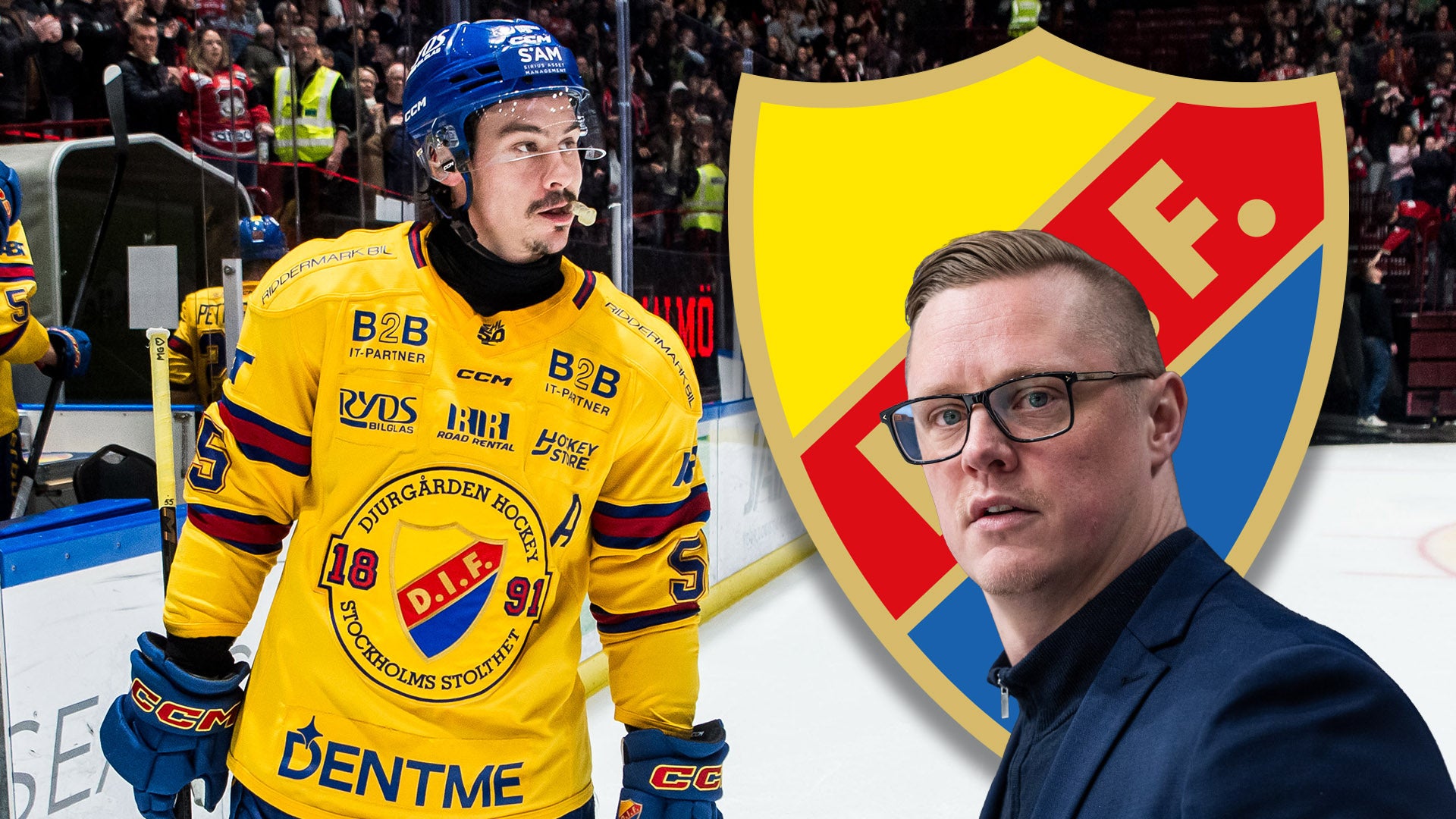 Sammansatt bild med en ishockeyspelare i gul tröja och blå hjälm på vänster sida, och en man i mörk skjorta och glasögon på höger sida med ett ishockeylags emblem bakom sig.
