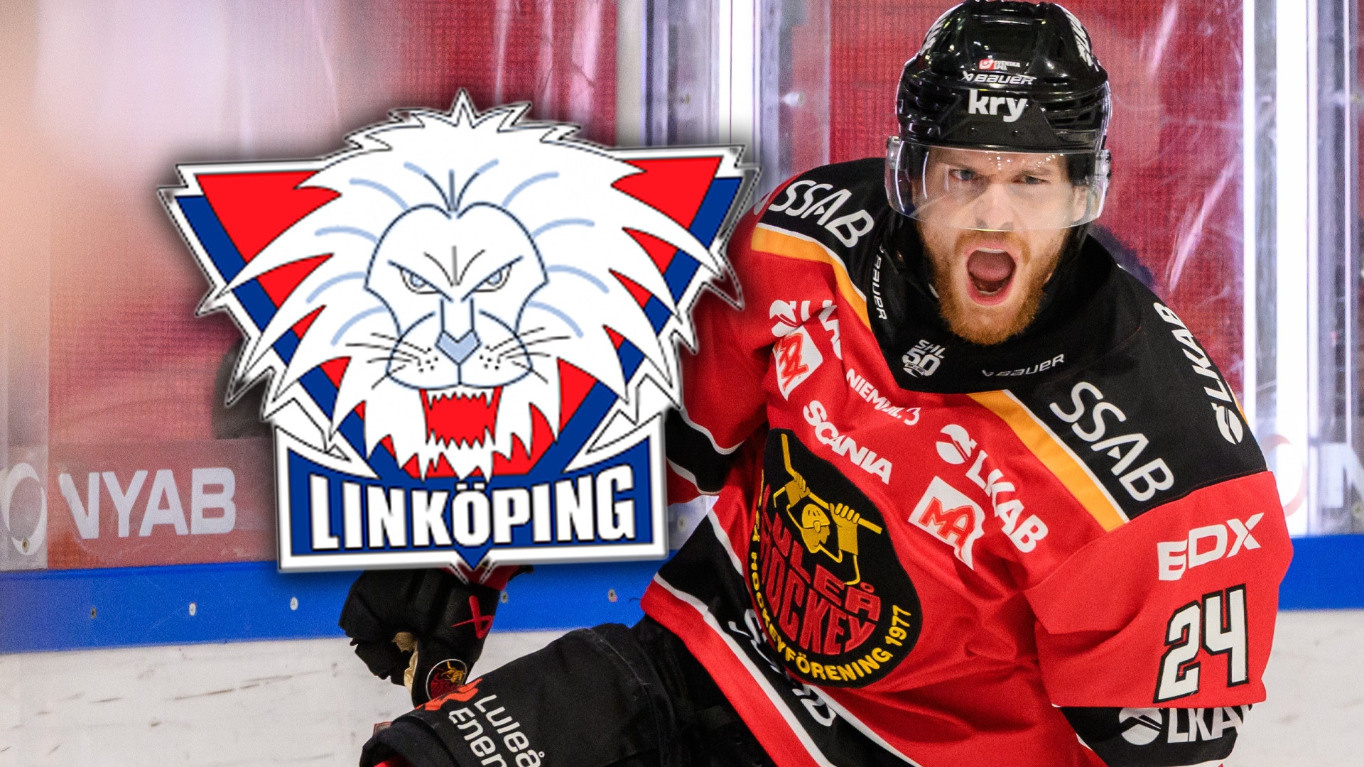 Hockeyspelar i röd och svart tröja poserar framför Linköpings HC:s logga.