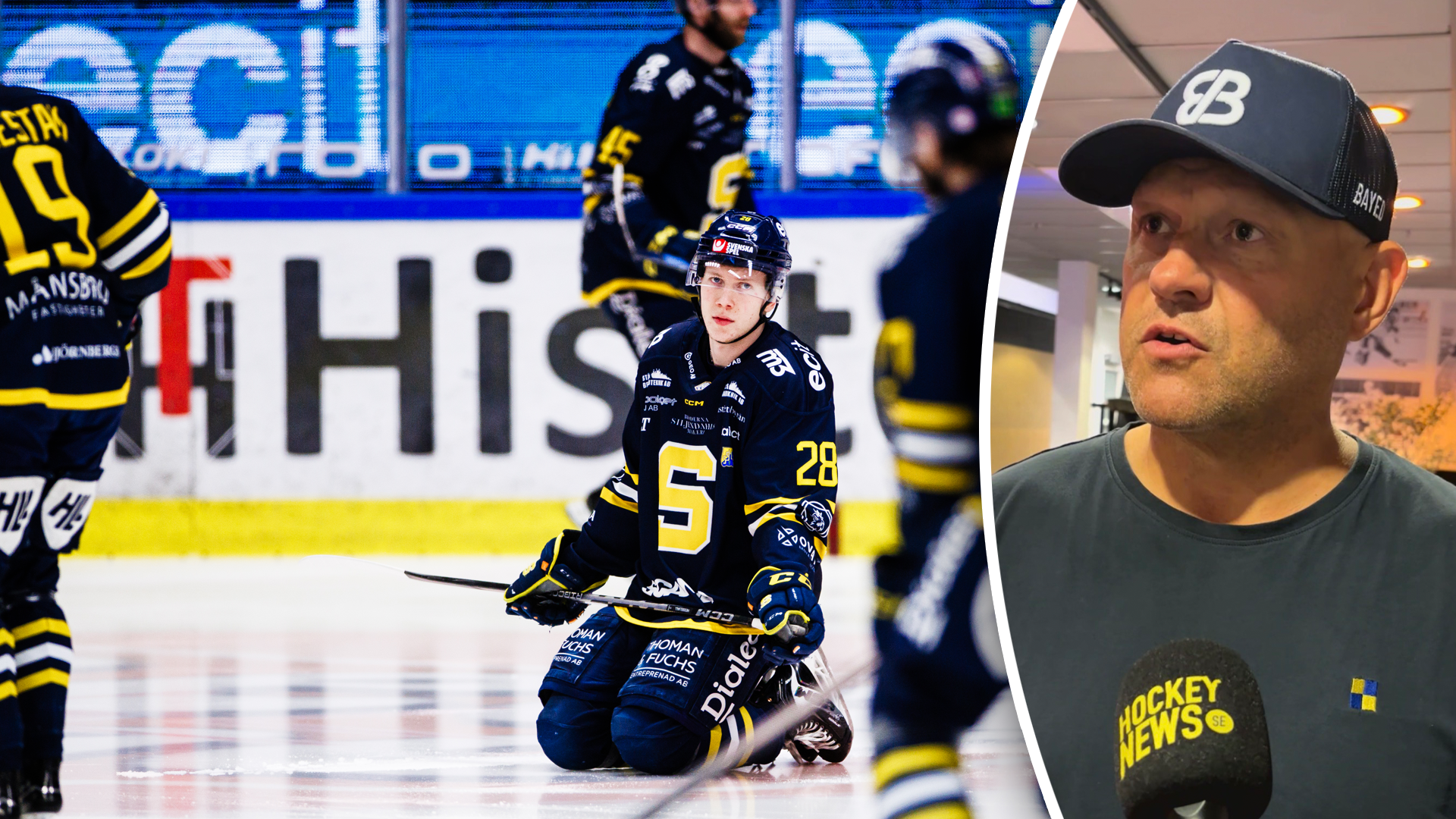 Sammansatt bild av ishockeyspelare i svart och gul uniform på isen under match, och porträtt av man med svart keps.