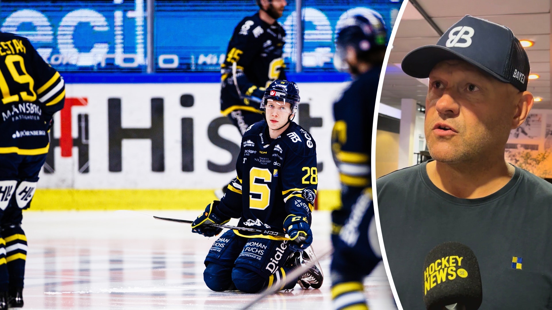 Sammansatt bild av ishockeyspelare i svart och gul uniform på isen under match, och porträtt av man med svart keps.