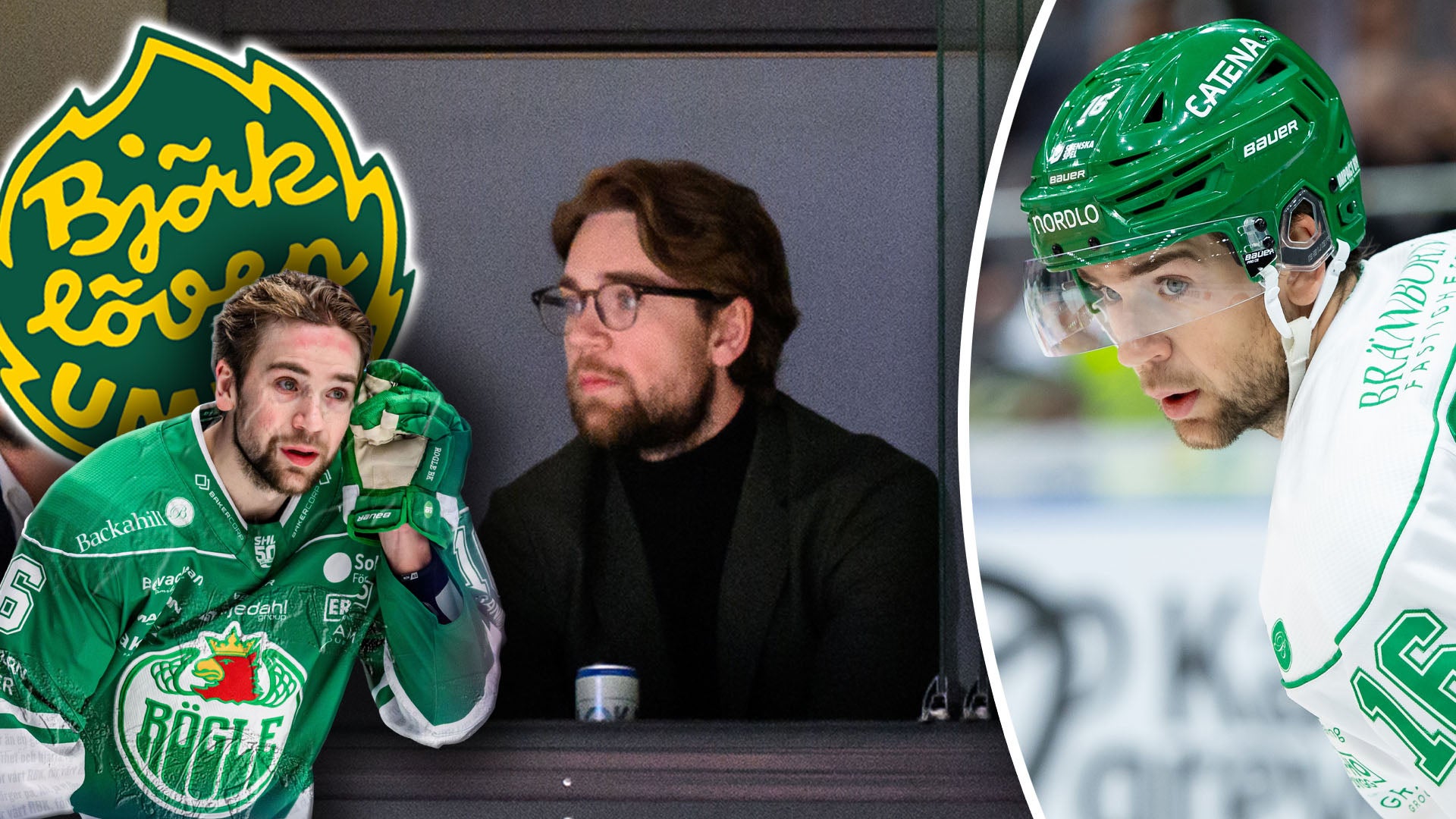Sammansatt bild från ishockey med spelare från Björklöven i gröna uniformer. Visar spelare på bänken och en närbild av en spelare i grön hjälm.