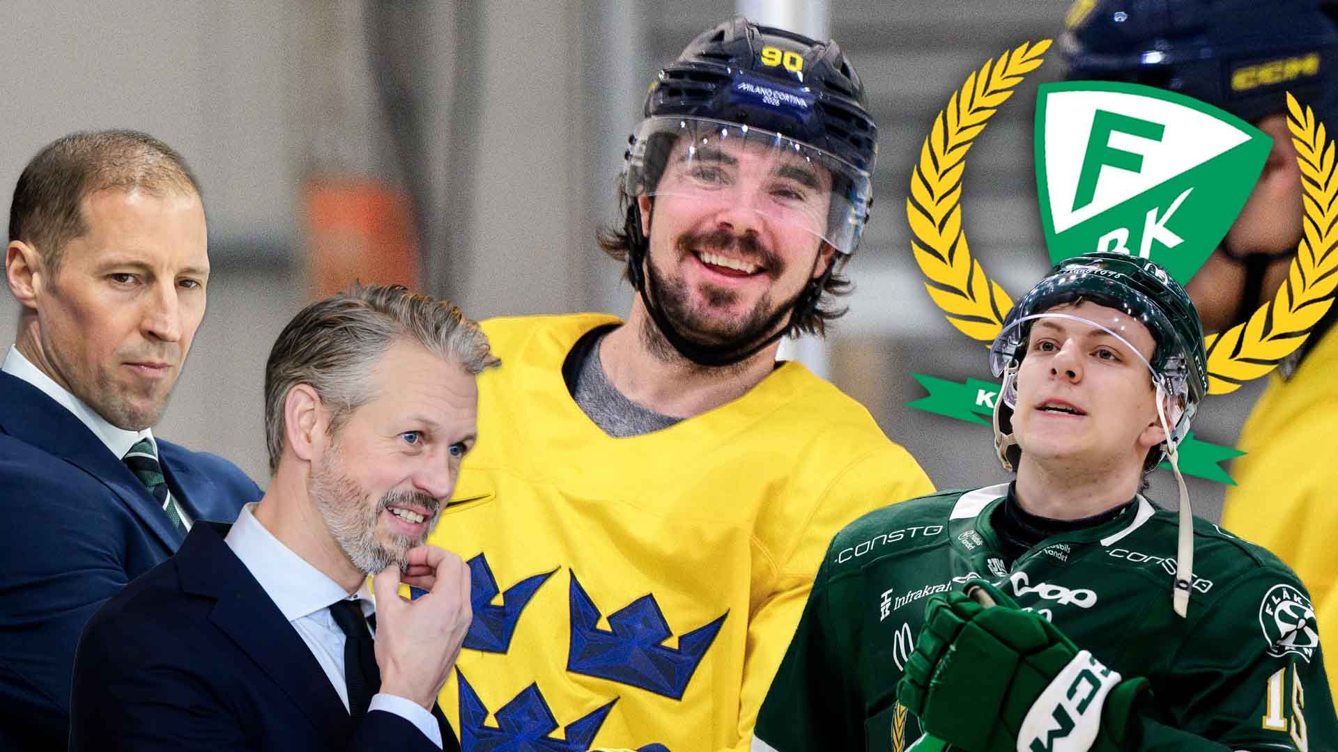 Svenska ishockeyspelare i gula och gröna tröjor tillsammans med officiella personer vid en match.