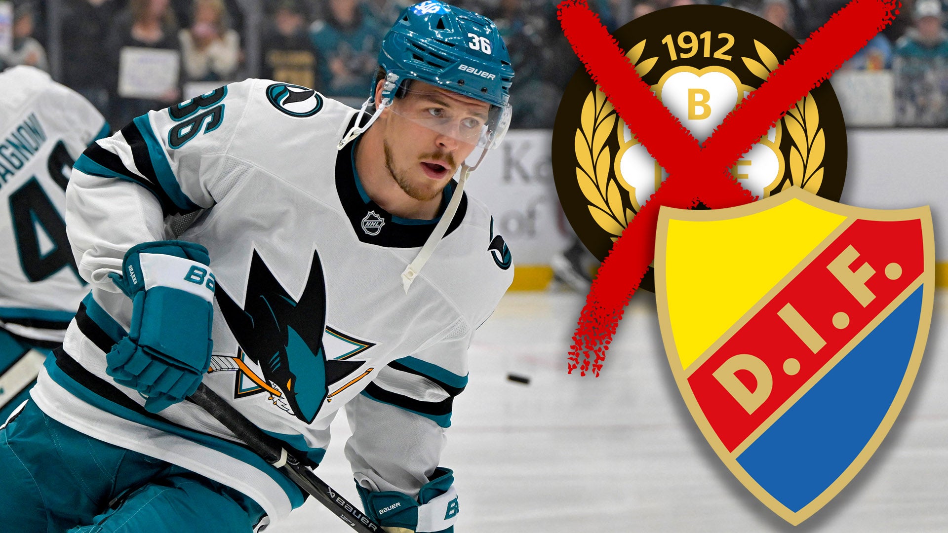 Hockeyspelare i San Jose Sharks tröja med klubblogotyper.
