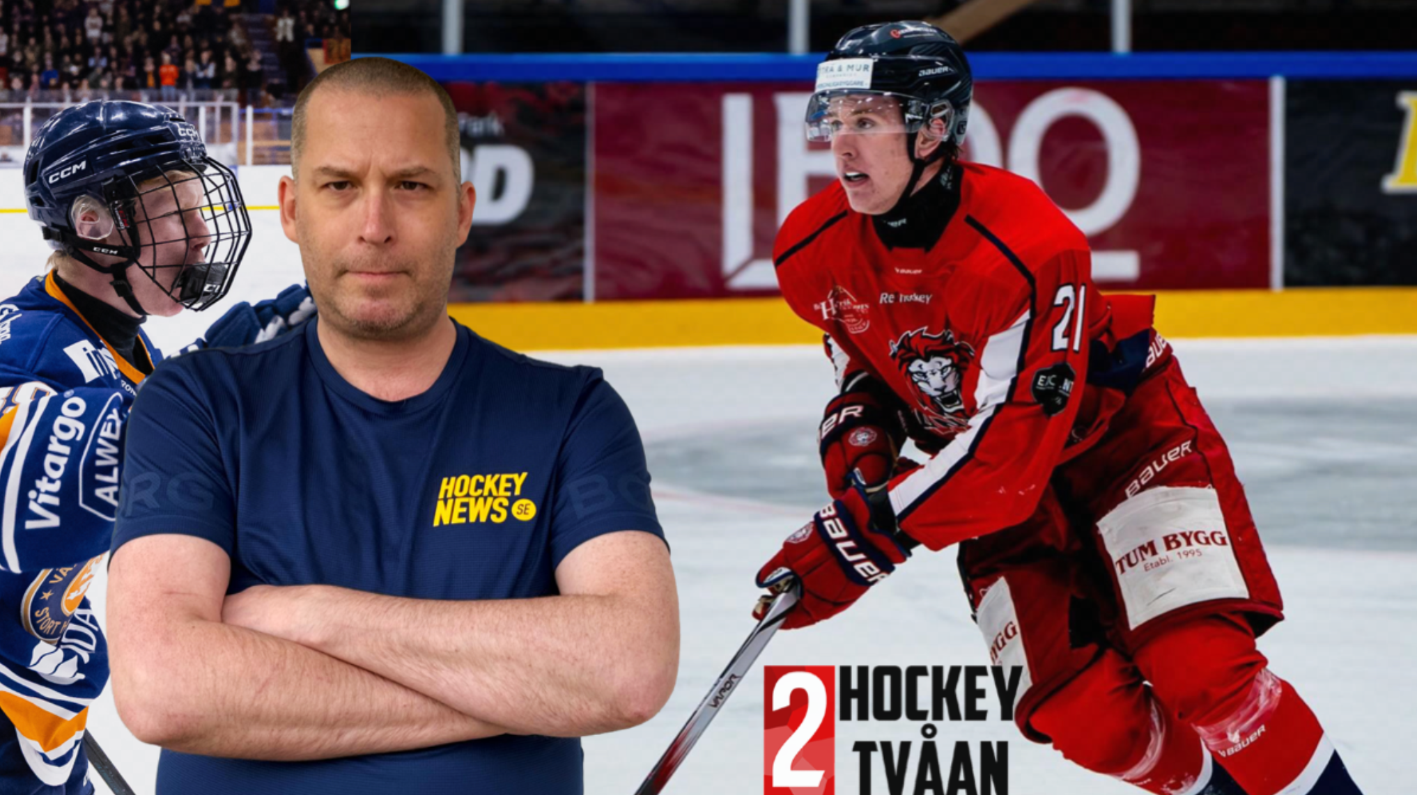 Collage med en man i marinblå t-shirt omgiven av ishockeyspelare i aktion på isen. Spelarna är klädda i blå och röda trikåer med hockeyutrustning.