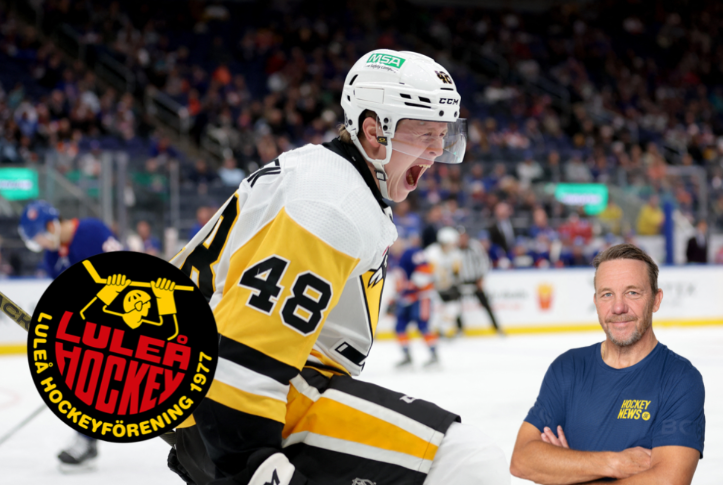 En ishockeyspelare i gul och svart tröja med nummer 48 under en match, tillsammans med en man i blå t-shirt. En logotyp för "Elite Hockey" syns i förgrunden.