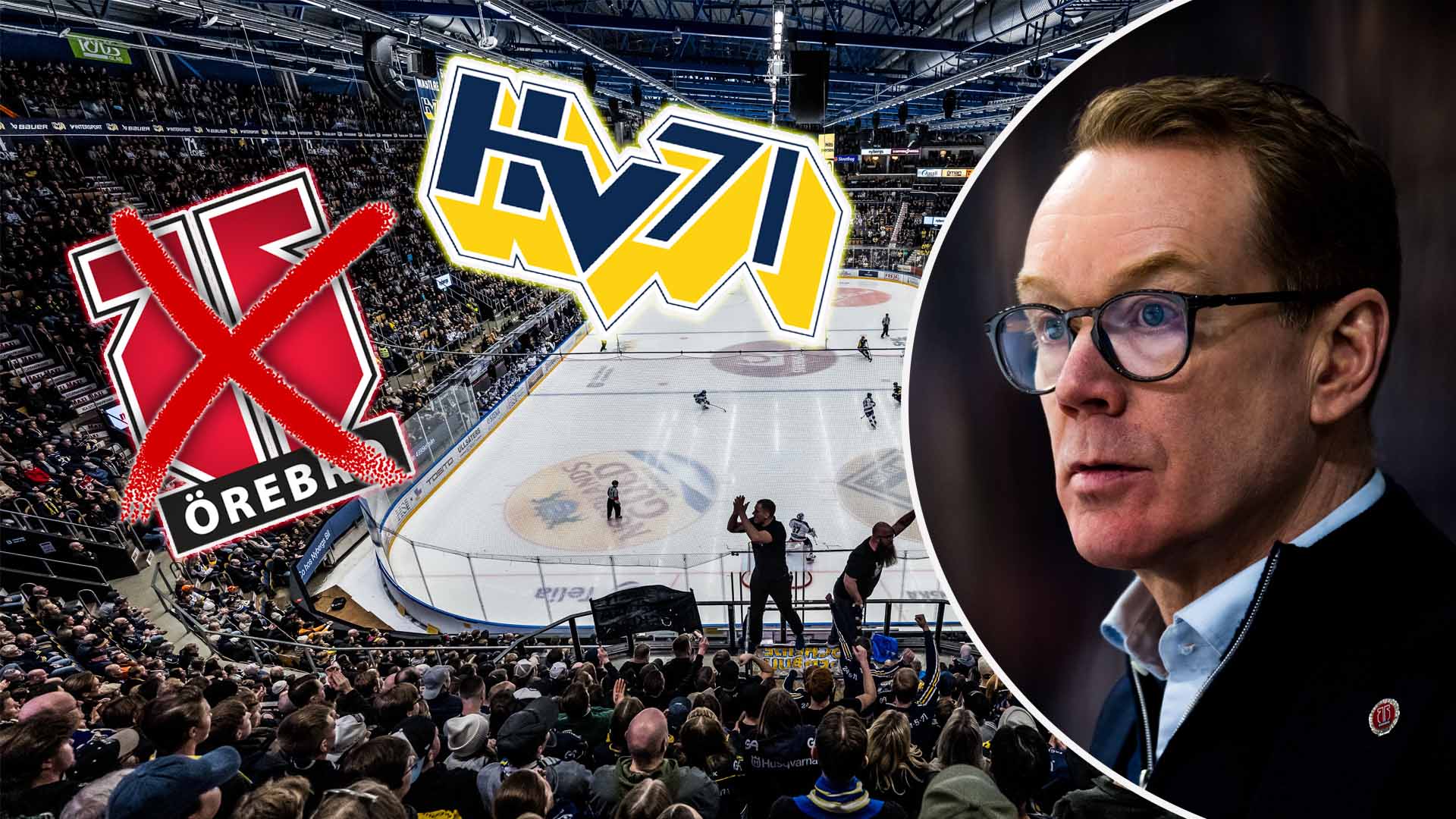 Collage från en ishockeymatch som visar en fylld ishockeystadion med två lag-logotyper, Örebro och HV71, samt en porträttbild av en man med glasögon.
