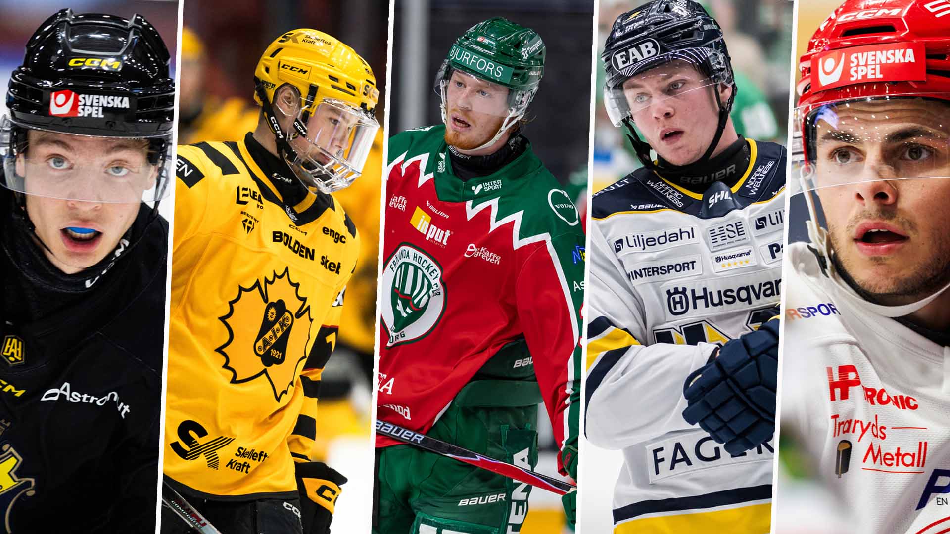 Fem ishockeyspelare i olika färgade landslagströjor - svart, gul, grön, mörkblå och röd - fotograferade porträttliknande med fokus på deras ansikten och övre kroppsdelar med hockeyutrustning och hjälmar.