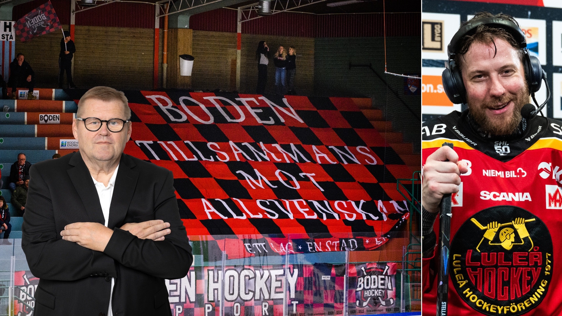 Collage med tre personer i hockeymiljö. Till vänster en man i svart kostym med armarna i kors, i mitten en hockeyarena med röd och svart flagga, och till höger en man med headset i röd hockeytröja.