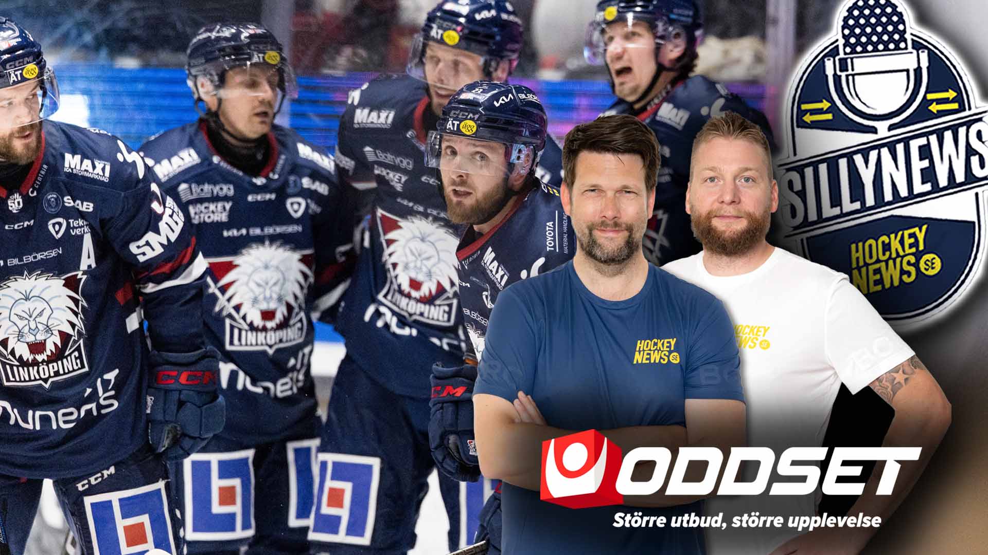 Sammansättning av ishockeylag som firar på isen och två män från Silly News Hockey News tillsammans med Oddset-logon.