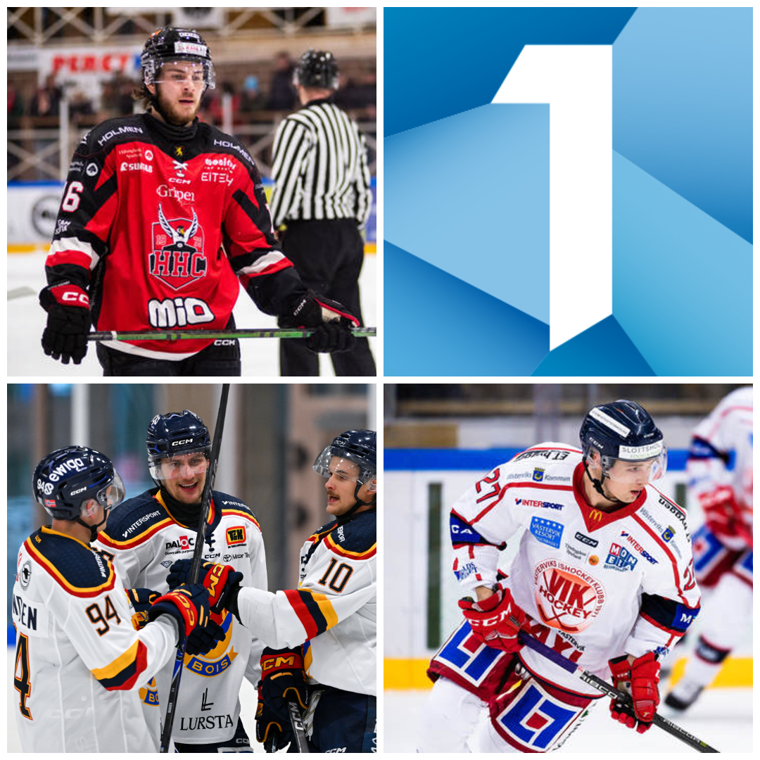 Collage med fyra bilder: tre från ishockeymatcher med spelare i olika lagdräkter, bland annat i rött och svart, vitt och gult samt vitt och rött, och en bild med en stor vit etta mot en blå bakgrund.