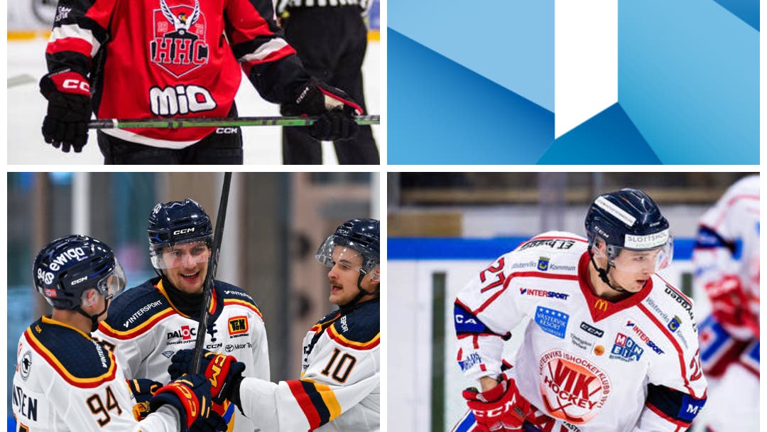 Collage med fyra bilder: tre från ishockeymatcher med spelare i olika lagdräkter, bland annat i rött och svart, vitt och gult samt vitt och rött, och en bild med en stor vit etta mot en blå bakgrund.