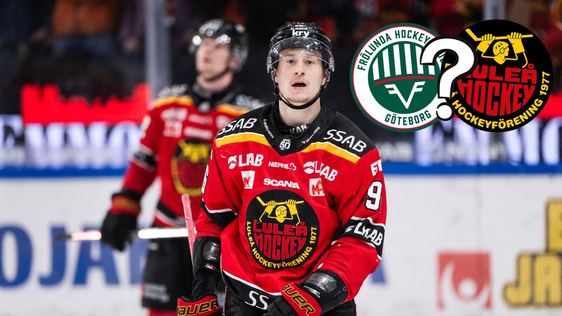 En ishockeyspelare i Luleå Hockeys matchtröja på isen, med lagens loggor och ett frågetecken i bakgrunden.