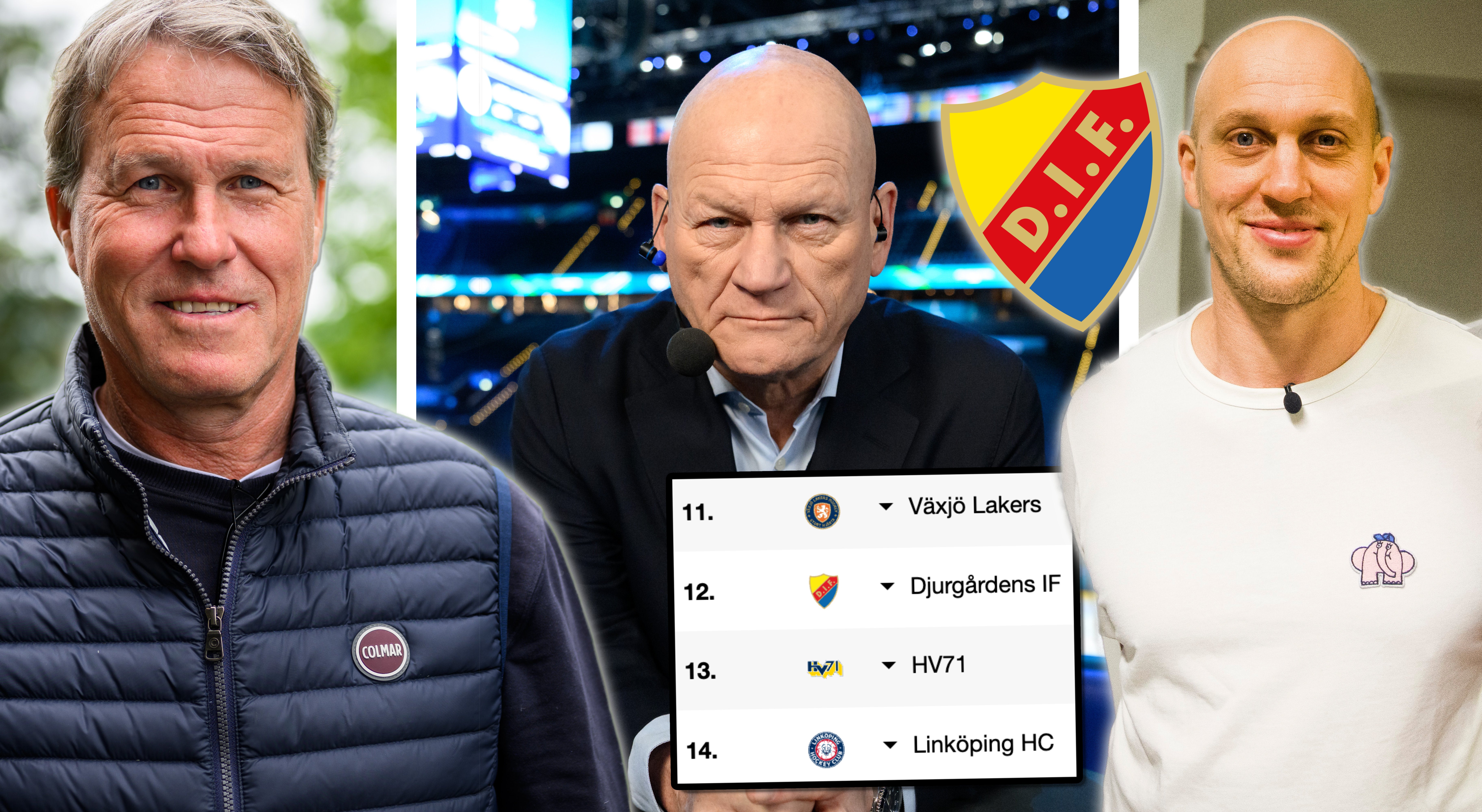 Collage med tre leende män: en äldre man i dunväst, en man med hörlurar och mikrofon i mitten och en flintskallig man i vit tröja. Djurgårdens IF-logotyp och en tabell över ishockeylag syns i bilden.