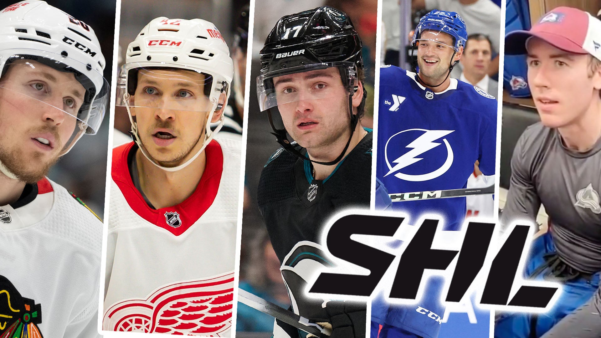 Collage av fem ishockeyspelare från olika SHL-lag. Spelarna är klädda i sina lagtröjor i vitt, rött och blått. SHL-logon är placerad i mitten av bilden.