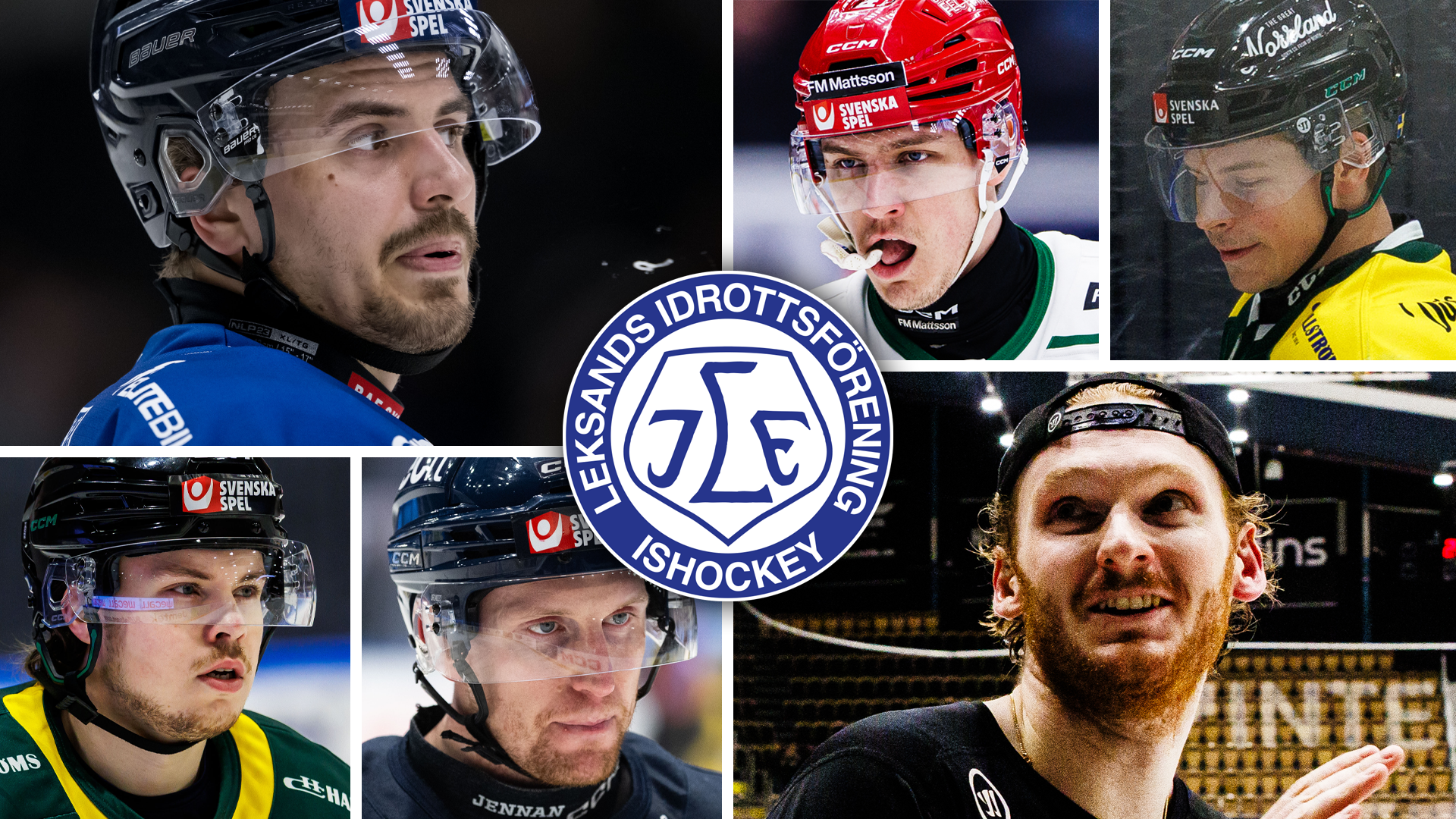 Kollage med ishockeyspelare från Leksands IF i sina lag-uniformer, med klubbloggan i mitten.