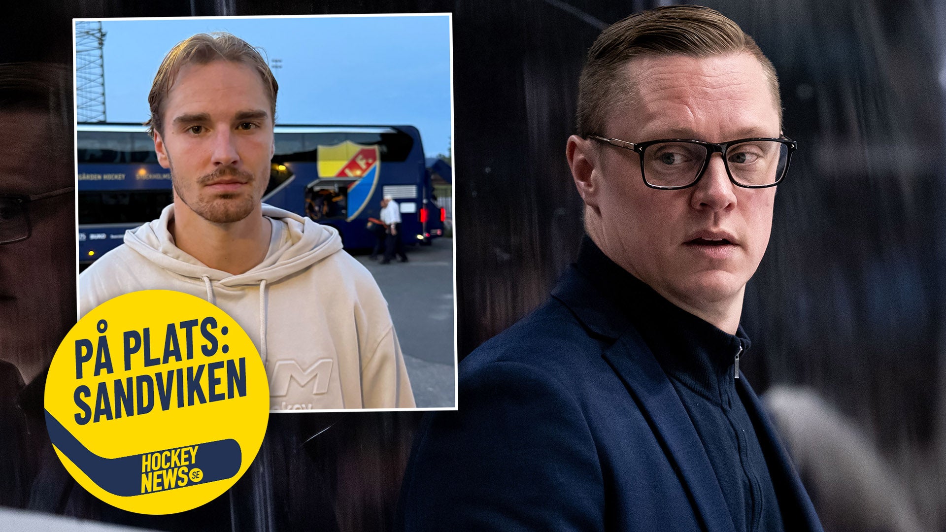 Porträttbild av en man med glasögon i mörk kläder. I ett gult cirkelformat märke är en inzoomad bild av en annan man i ljus hoodie framför en ishall.