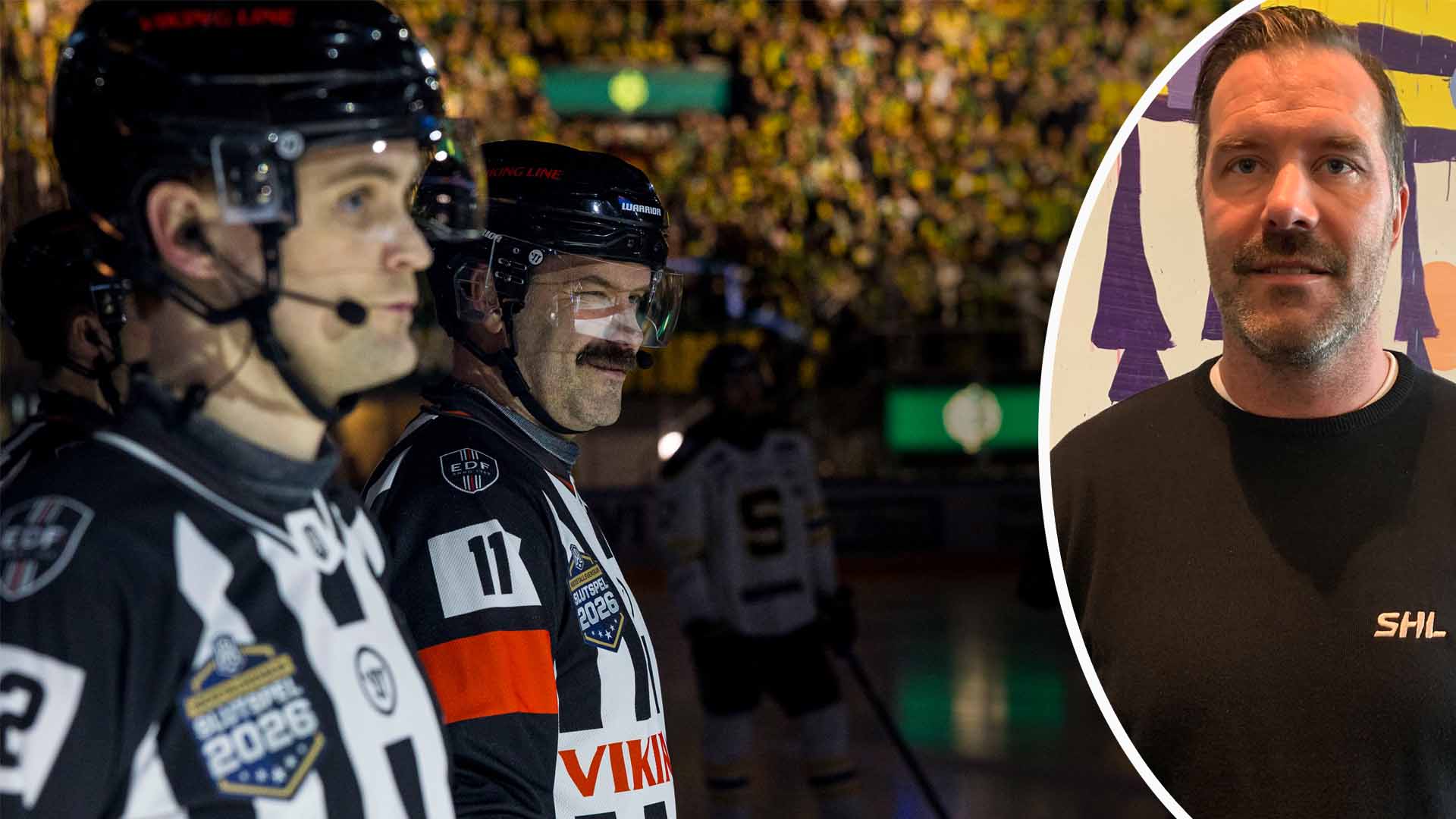 Två domare i ishockey står på isen inför en match, med en inklippt porträttbild på en man i SHL-tröja.
