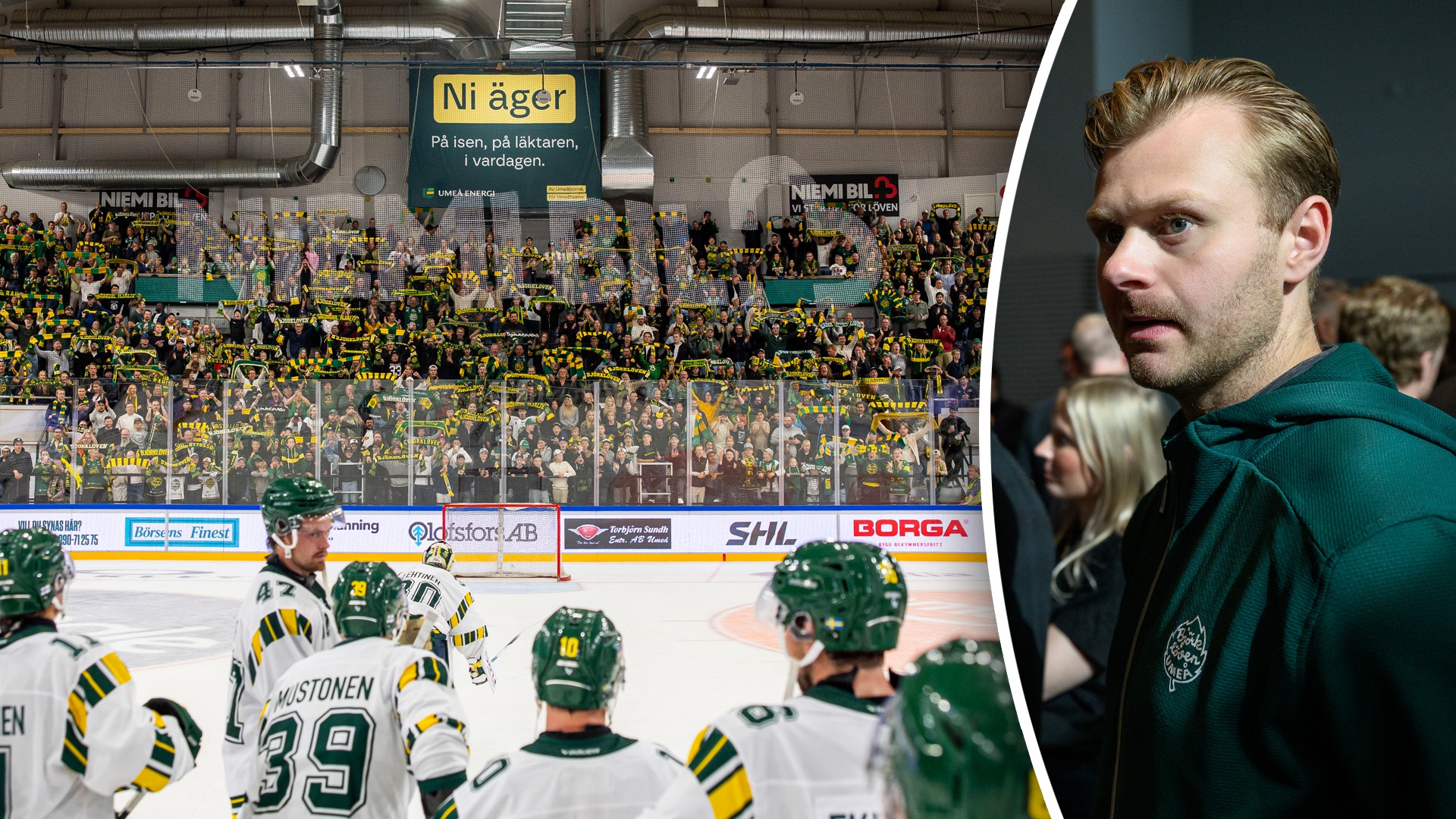 Ishockeyspelare på isen framför en fullsatt läktare, med en infälld bild på en man i grön tröja.