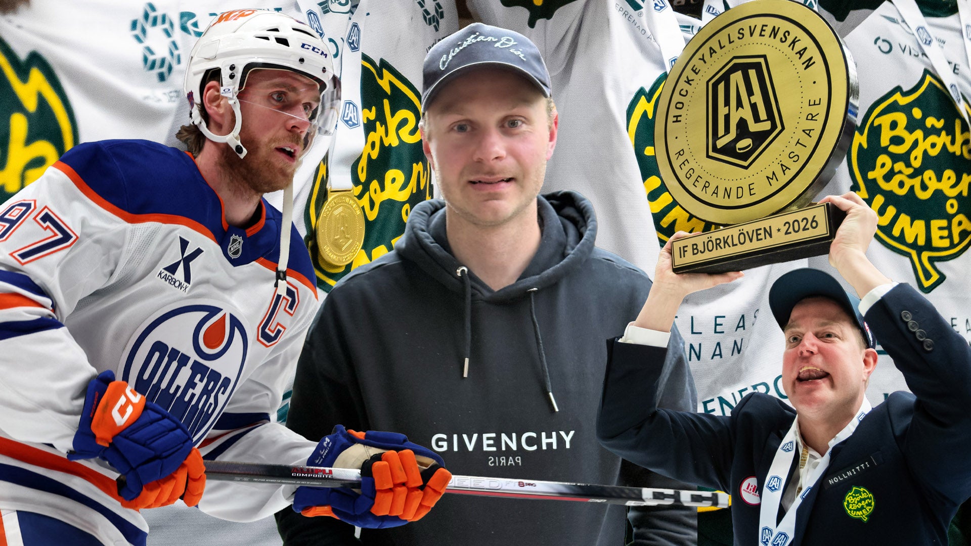 En ishockeyspelare i Edmonton Oilers-tröja håller en ishockeyklubba tillsammans med två andra män framför en vägg med guldmedaljer och lag-logotyper.