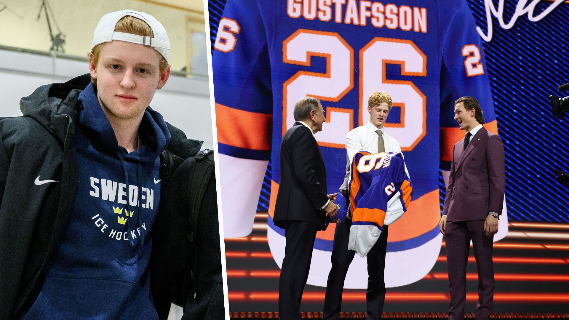 Sammansatt bild som visar en ung ishockeyspelare i Sverige-tröja till vänster, och till höger en ceremoni där en ishockeyströja med nummer 26 och namnet Gustafsson presenteras.