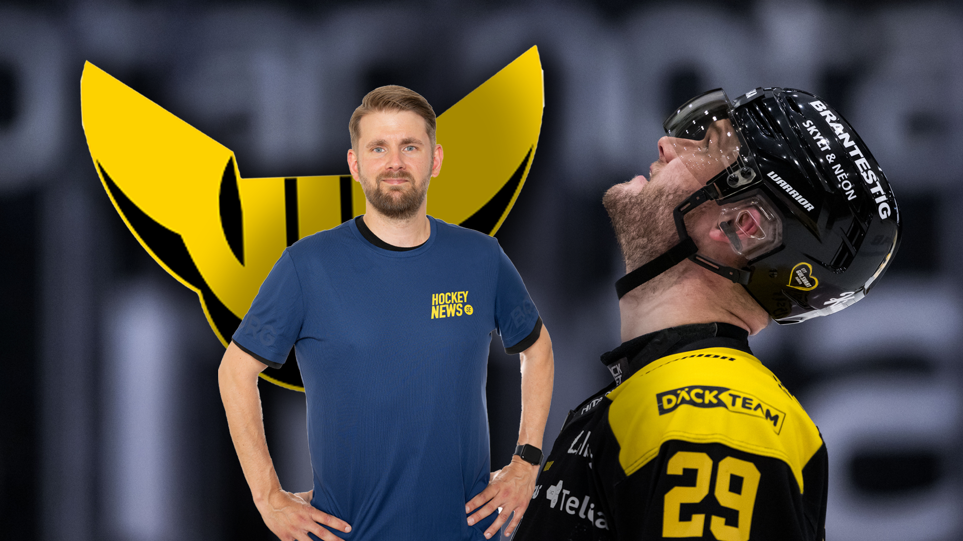 Sammansatt bild med två personer - en man i blå t-shirt på vänster sida och en ishockeyspelare i gul och svart utrustning med nummer 28 på höger sida.