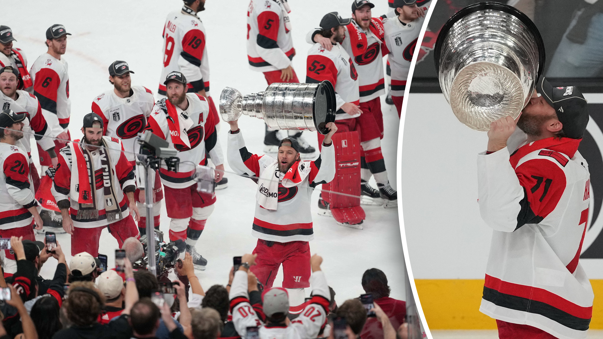 Hockeylag i röd och vit utrustning firar med Stanley Cup omgivna av jubilande spelare och publik.
