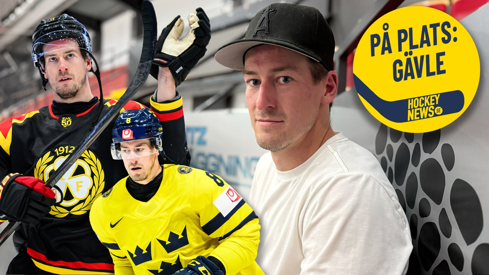 Kollage med hockeyspelaren Robert Hägg. Till vänster två matchbilder där han spelar i gul och svart uniform, till höger ett porträtt av honom i vit t-shirt och svart keps. En gul cirkel med texten "PÅ PLATS: GÄVLE" och Hockey News-logotypen är placerad på bilden.