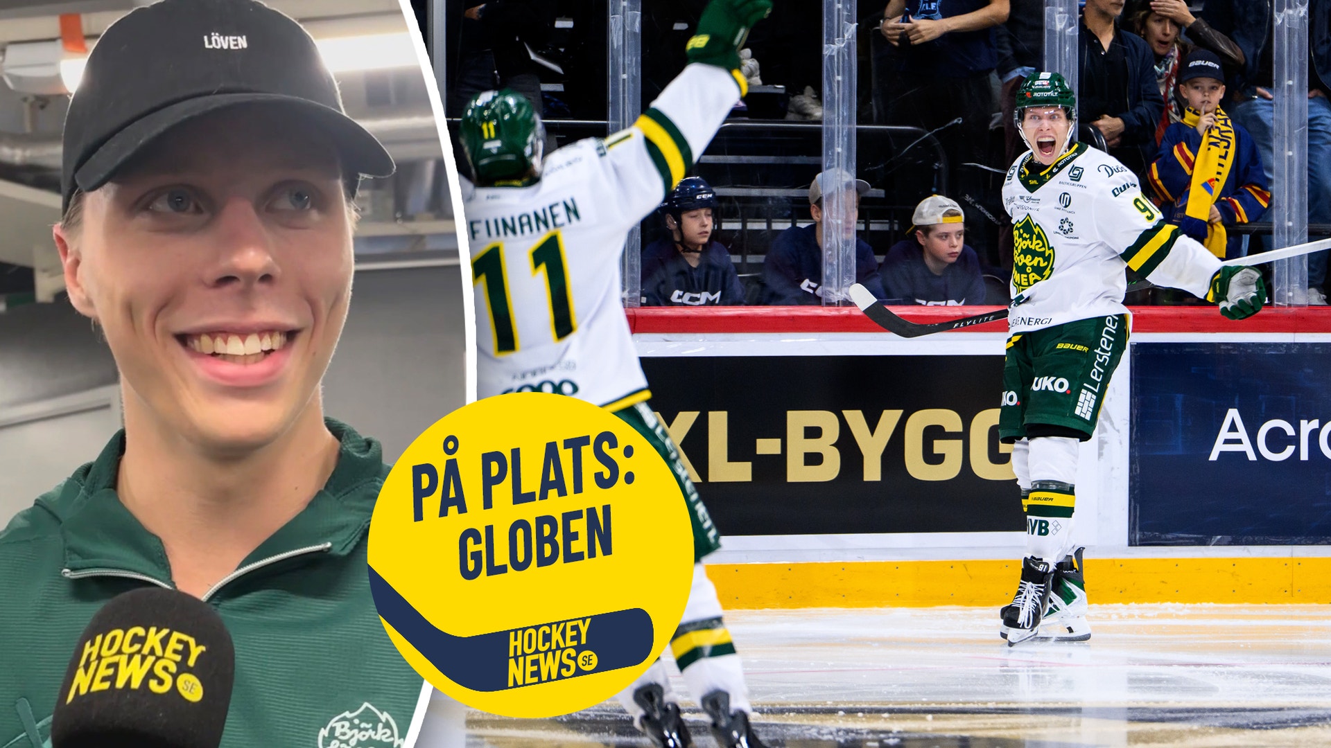 En leende hockeyspelare intervjuas, och i bakgrunden jublar spelare på isen efter ett mål.