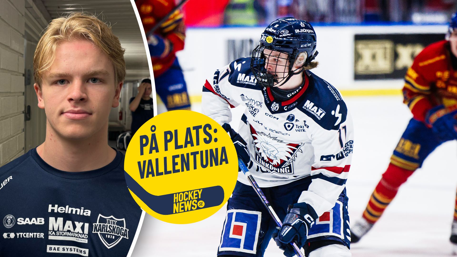 Collage av ung hockeyspelare från Vallentuna. Porträtt på vänster sida visar spelaren i träningskläder, höger sida visar honom i full hockeyprudning under match.