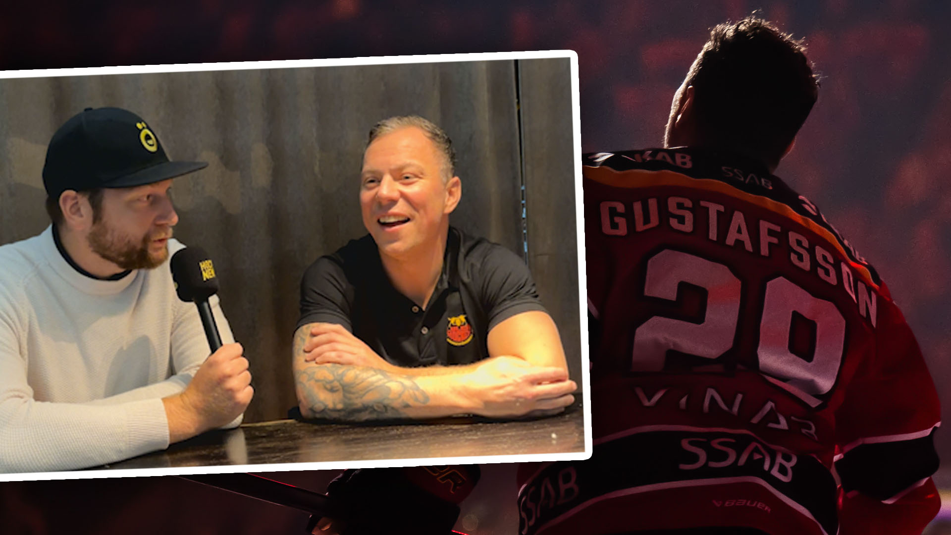 En man intervjuas med mikrofon, i bakgrunden syns en hockeyspelare med tröjan Gustafsson 20 sedd bakifrån.