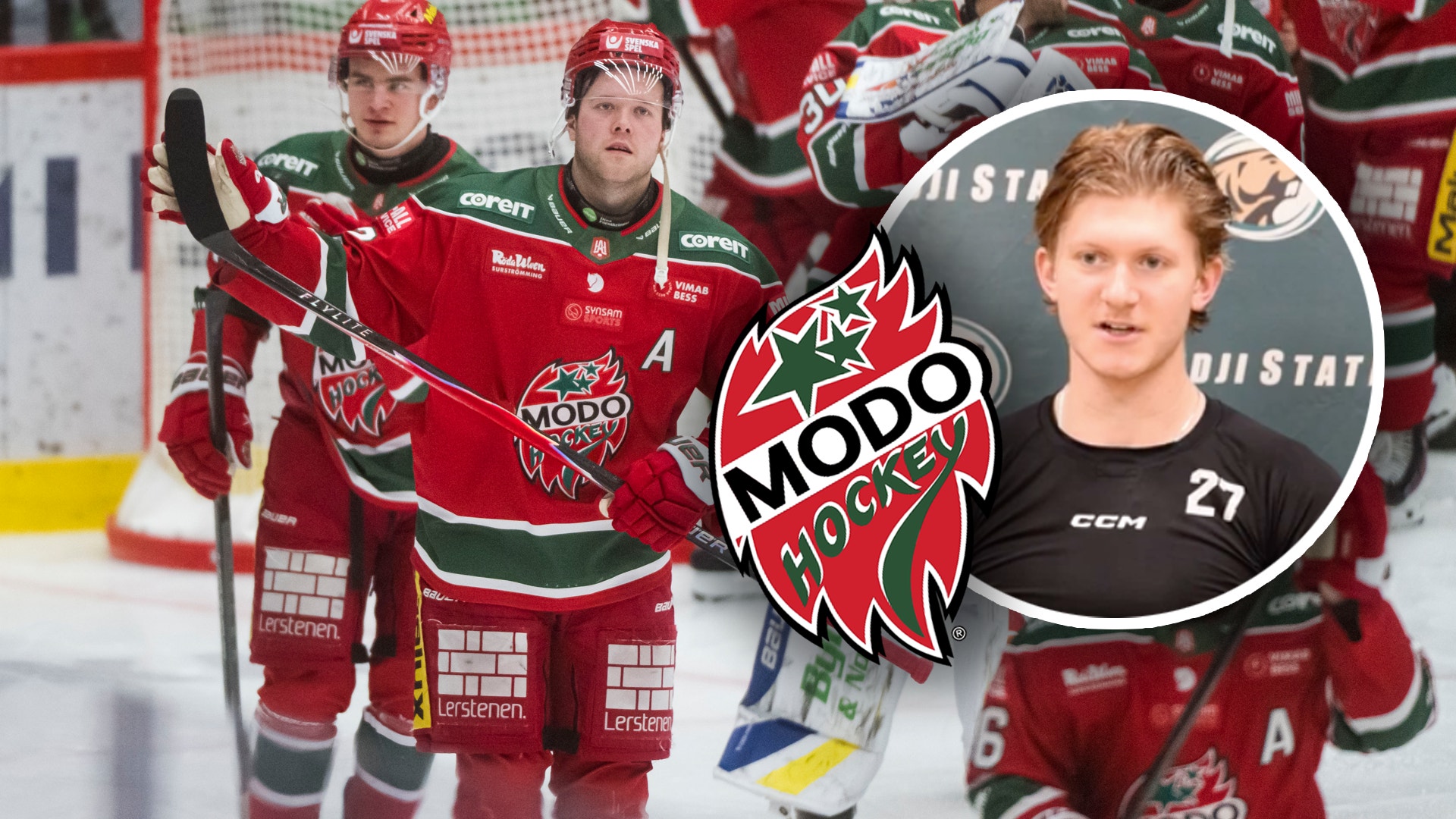 Collage med ishockeyspelare från Modo Hockey i röda och gröna uniformer. Visar lagspelare på isen och ett porträtt av en ung spelare med Modo Hockey-logon.