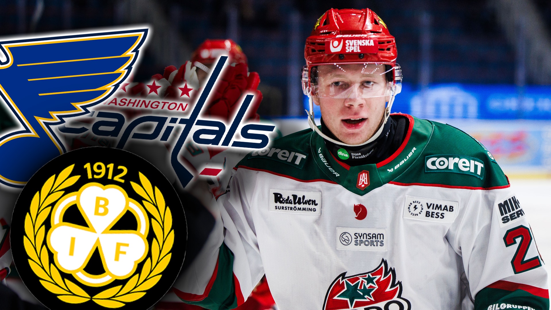 Ishockeyspelare i röd och vit matchdräkt med röd hjälm, omgiven av logotyper från NHL-lag och svenska ishockeyförbundet.