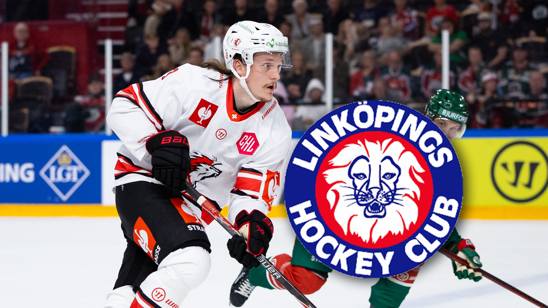 En ishockeyspelare i vit matchtröja åker skridskor på isen under en match, med Linköpings Hockey Club-logotyp i förgrunden.
