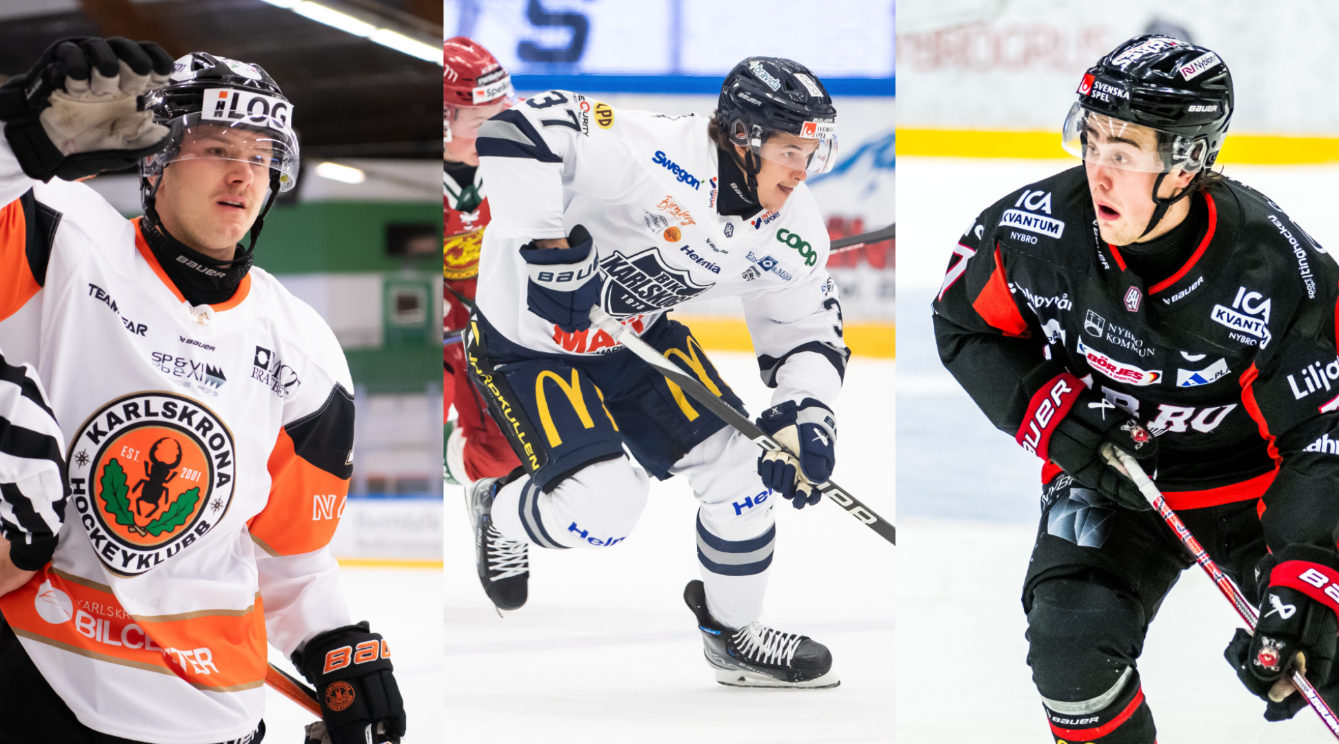 Tre ishockeyspelare i aktion under match. Spelarna är klädda i olika lag-uniformer och håller ishockeyklubbor medan de spelar på isen.