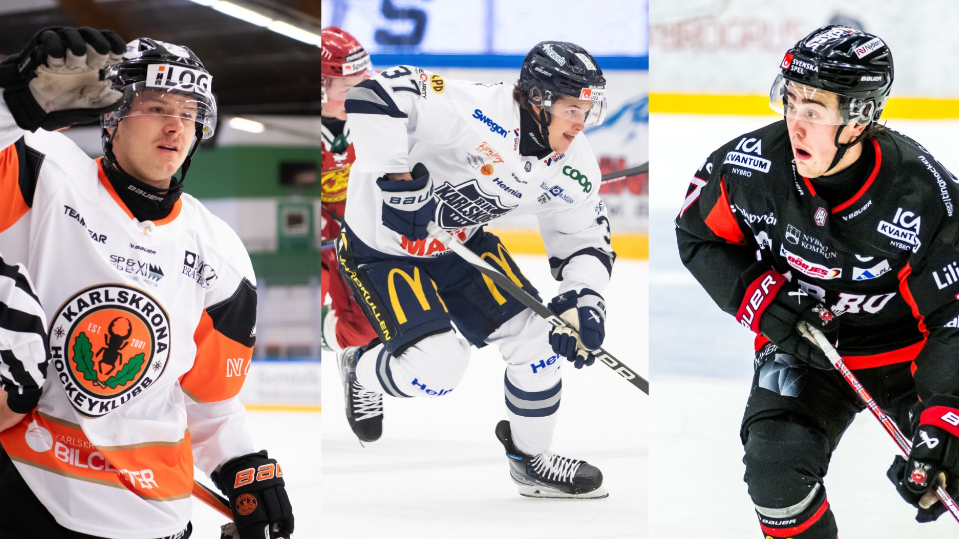 Tre ishockeyspelare i aktion under match. Spelarna är klädda i olika lag-uniformer och håller ishockeyklubbor medan de spelar på isen.
