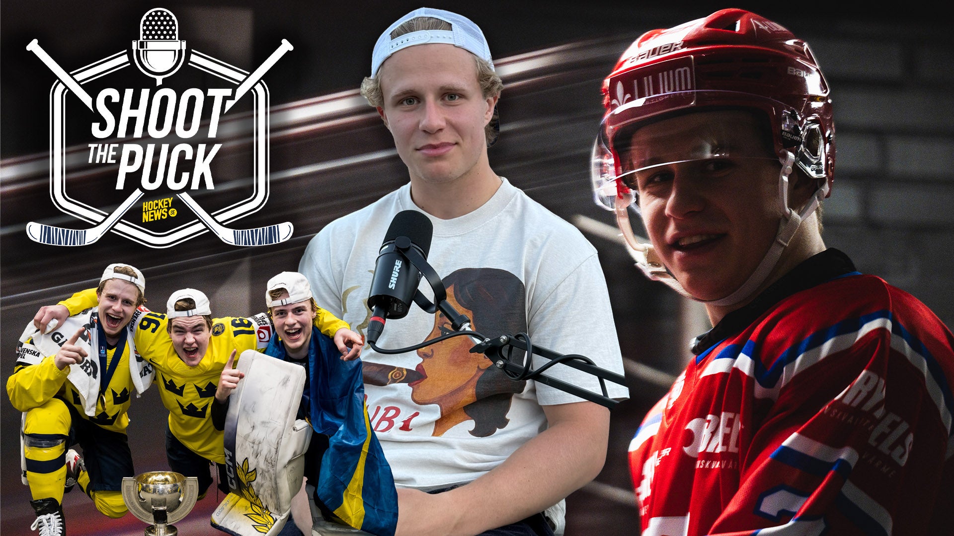 Collage från hockeysändning med en man i mikrofon i mitten, ett hockeylag i gula och blå uniformer till vänster, och en hockeyspelare i röd hjälm till höger. Logotyp för "Shoot the Puck" syns i övre vänstra hörnet.