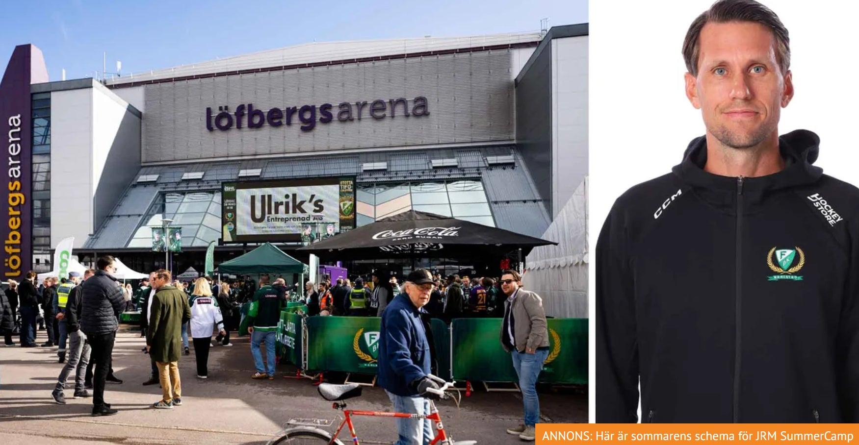 Sammansatt bild som visar Lofbergs Arena med publik utanför entrén och en porträttbild av en man i svart jacka med lag-emblem.