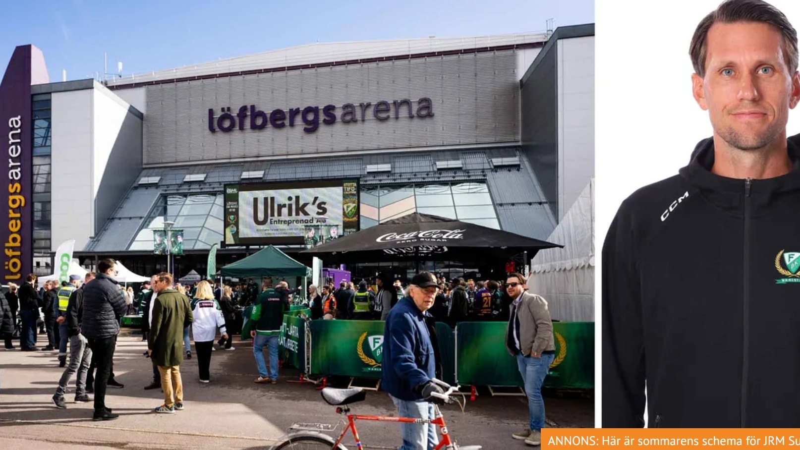 Sammansatt bild som visar Lofbergs Arena med publik utanför entrén och en porträttbild av en man i svart jacka med lag-emblem.