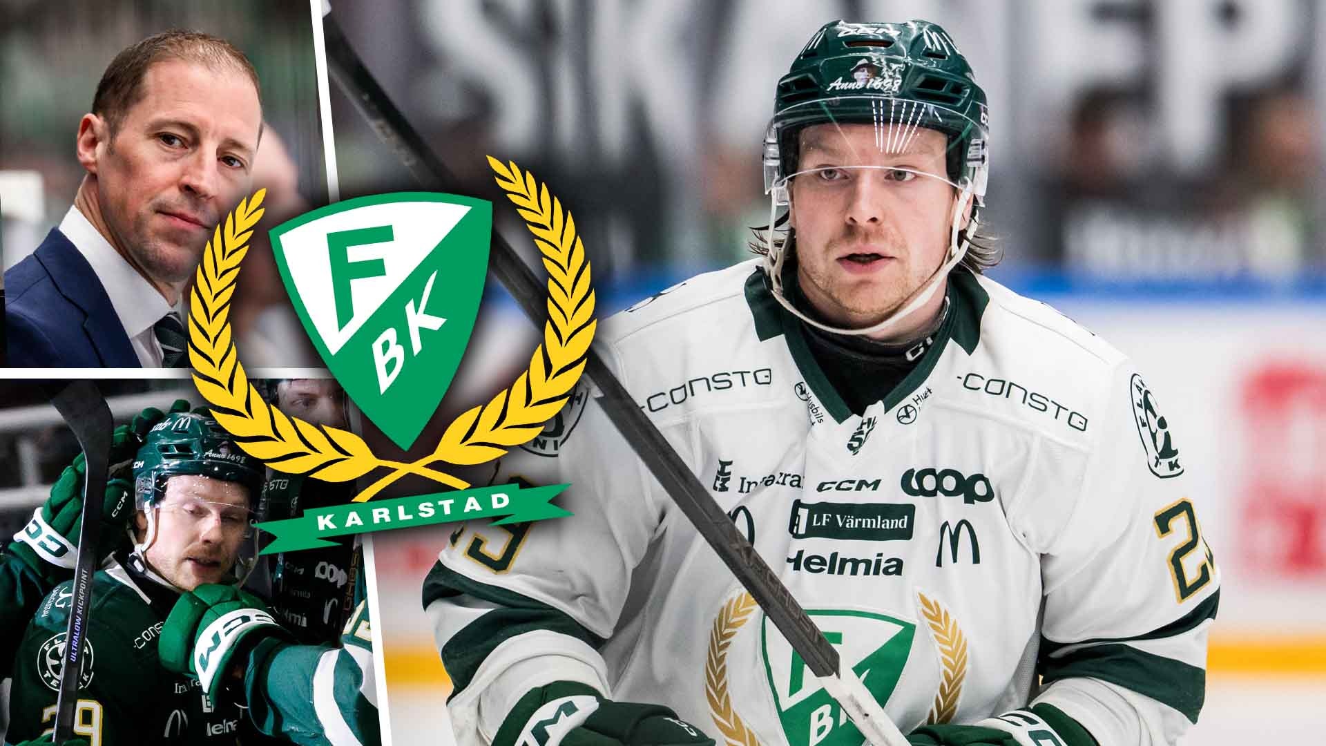 Collage med ishockeyspelare från Färjestads BK. Bilden visar spelare i vita och gröna trikåer tillsammans med klubbens logotyp.