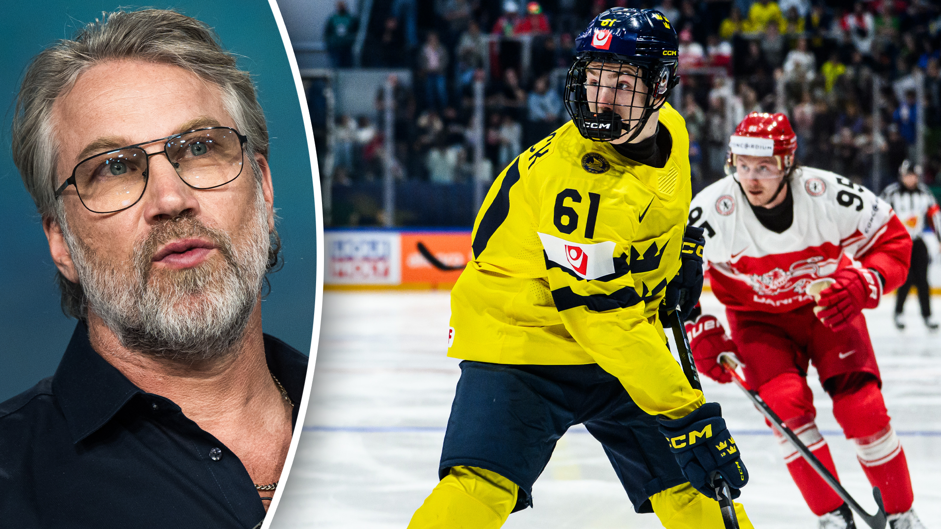 Sammansatt bild med porträtt av en man på vänster sida och ishockeymatch på höger sida där en spelare i gul tröja spelar mot en motspelare i röd tröja.