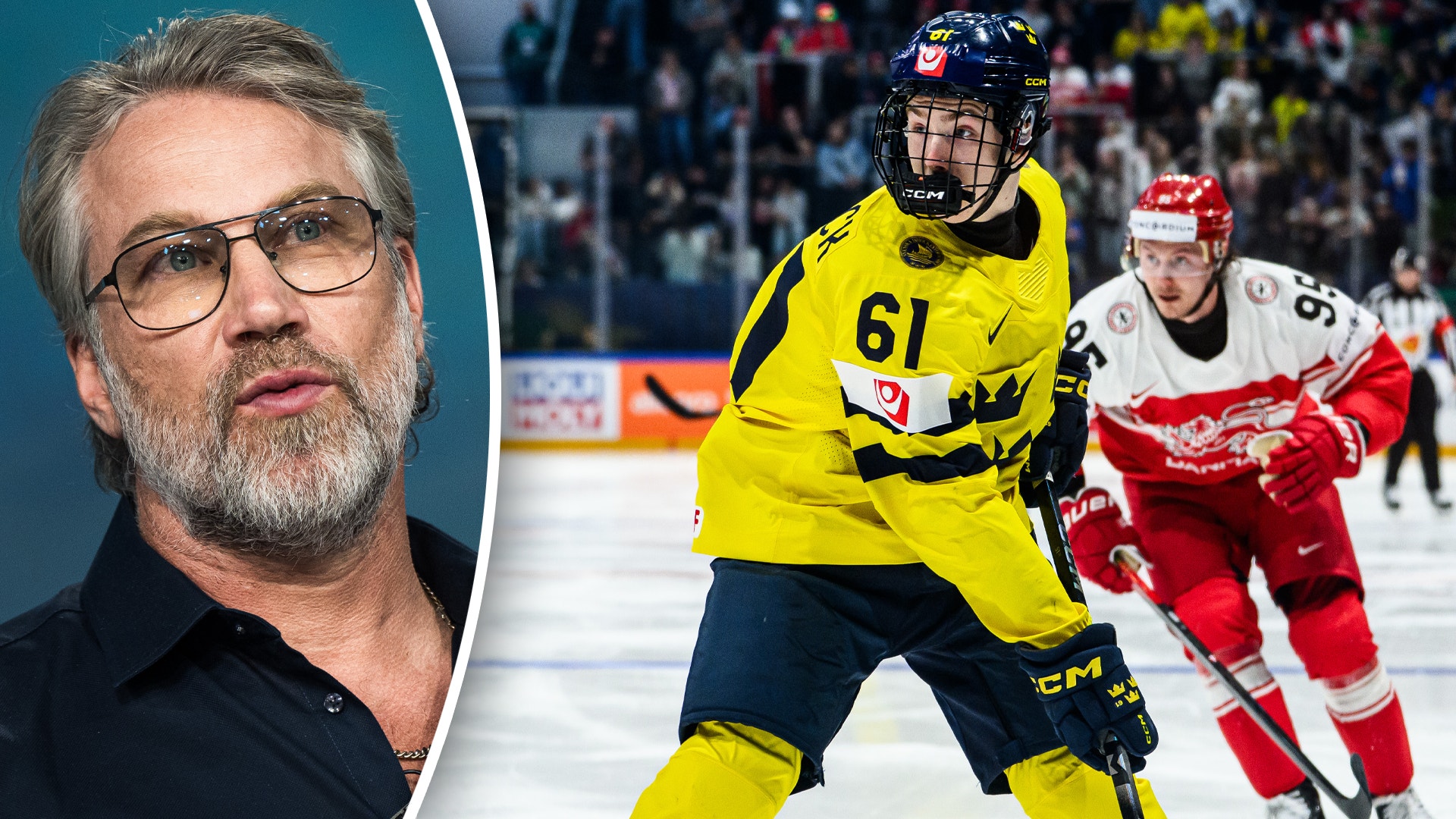 Sammansatt bild med porträtt av en man på vänster sida och ishockeymatch på höger sida där en spelare i gul tröja spelar mot en motspelare i röd tröja.