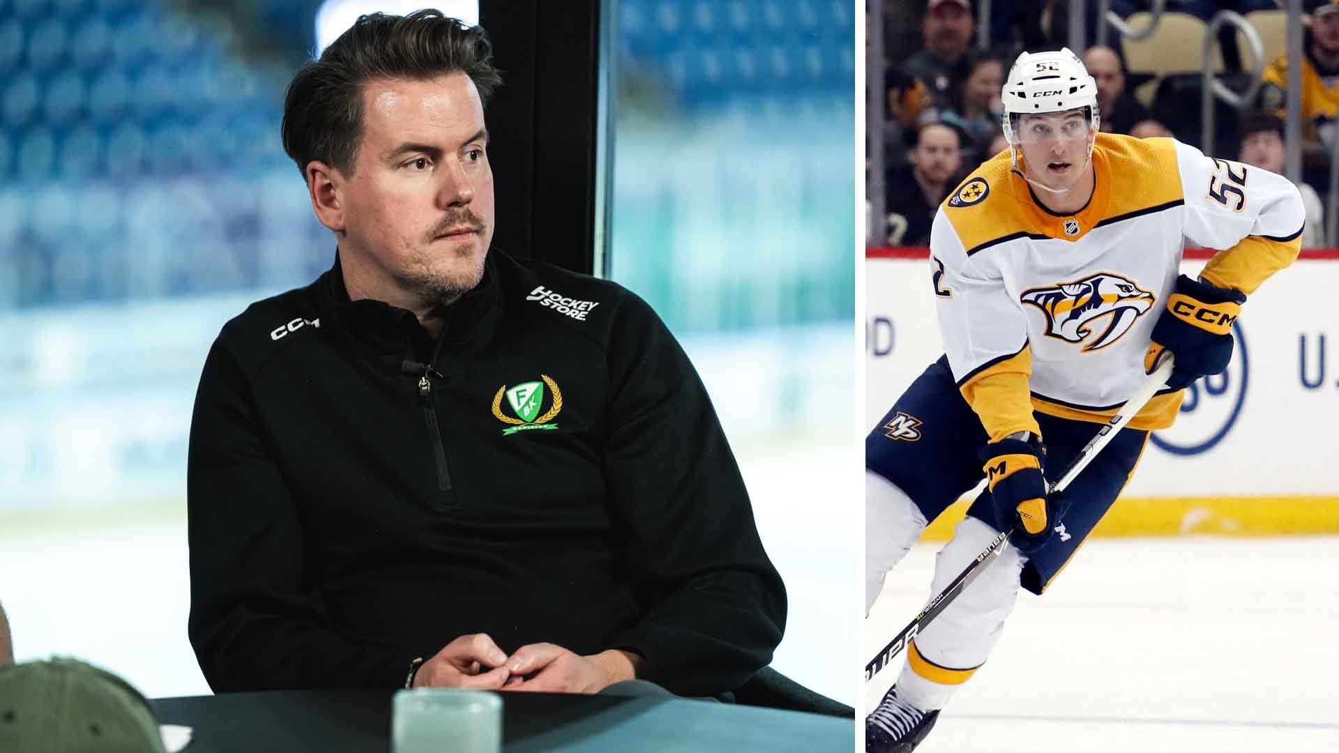 Sammansatt bild från ishockey. Till vänster en man i svart jacka, till höger en ishockeyspelare i gul och vit uniform under en match.