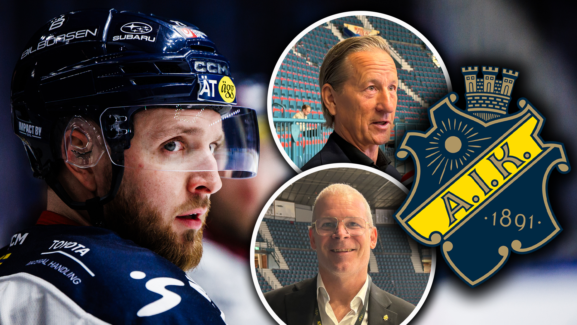 Collage med ishockeyspelare i profil och två män tillsammans med AIK:s logga från 1891.